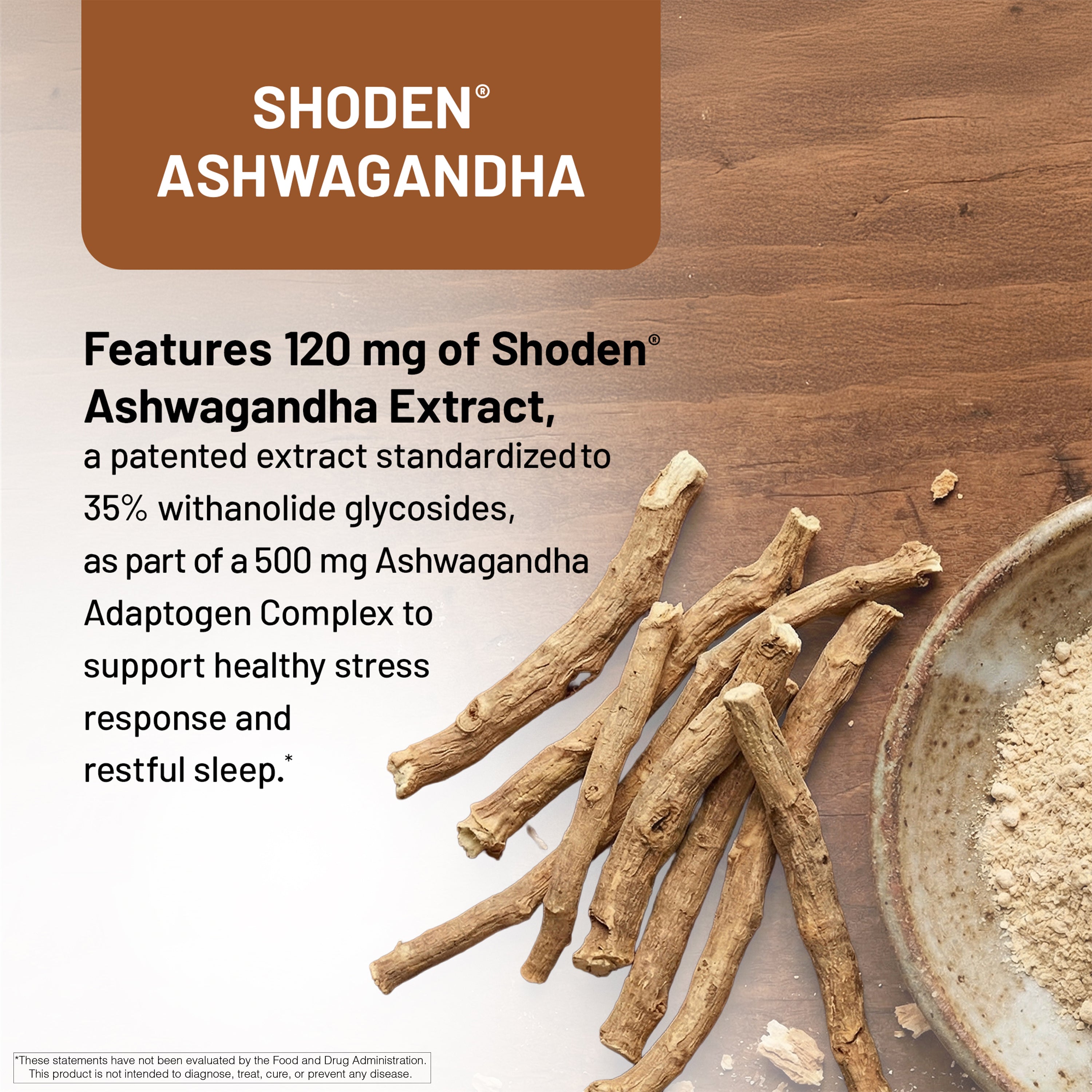 Promotional product graphic for Shoden Ashwagandha. The image features several natural brown root tubers on a rustic wooden background next to a ceramic bowl of powder, with a brown banner at the top reading 'SHODEN ASHWAGANDHA' and text detailing the 120 mg extract content.