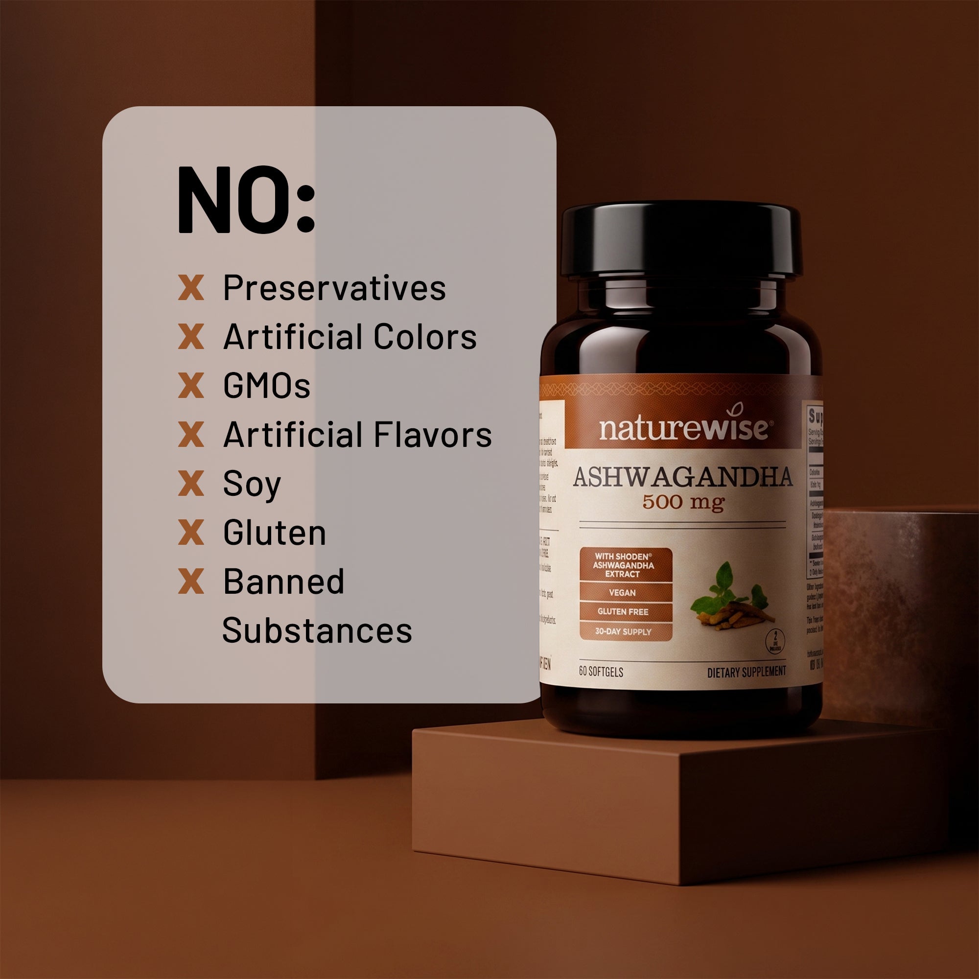 A bottle of NatureWise Ashwagandha 500 mg dietary supplements sits on a brown pedestal against a dark brown background, next to a white informational card listing excluded ingredients like preservatives, GMOs, and artificial flavors.