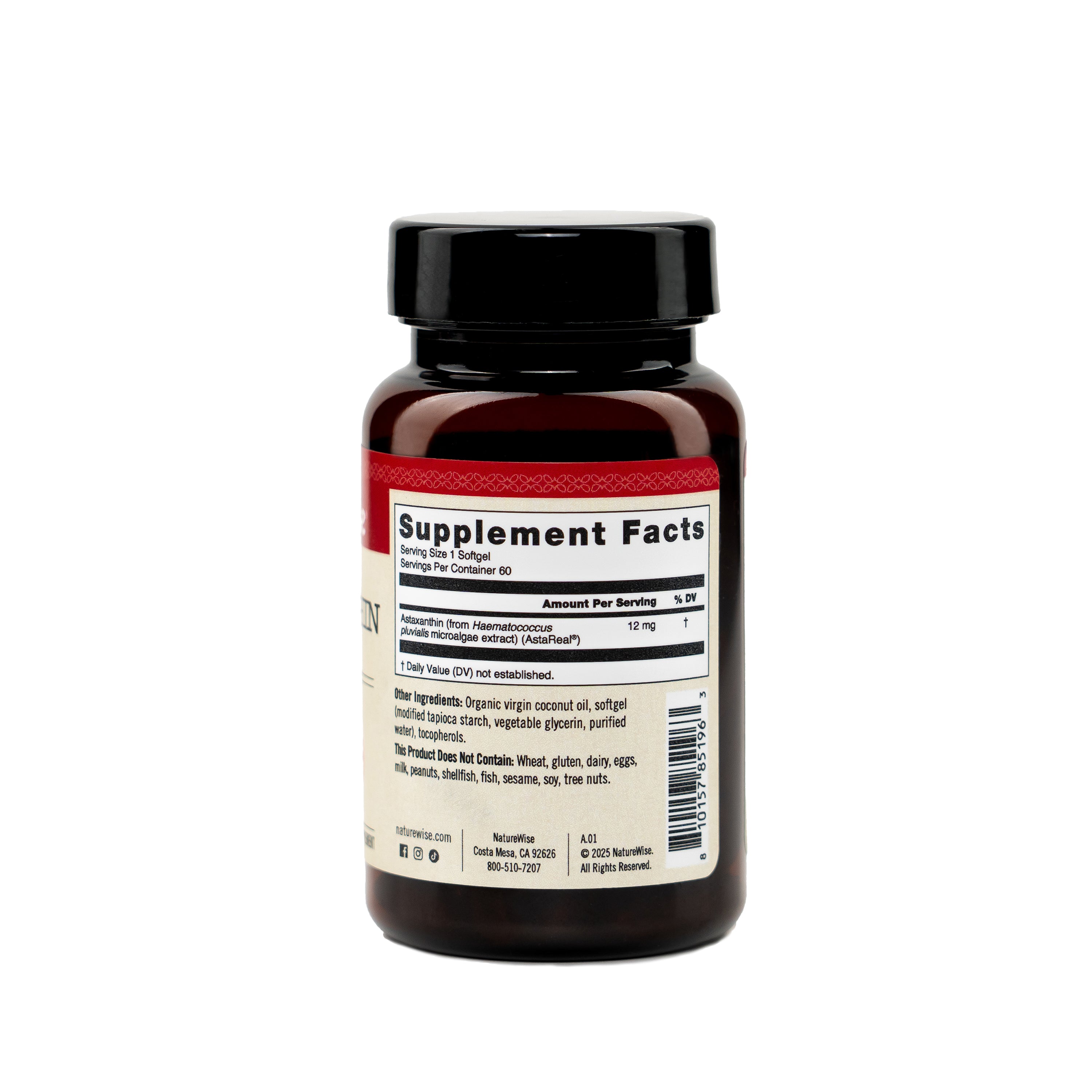 Astaxanthin supplement bottle showing supplement facts on white background.