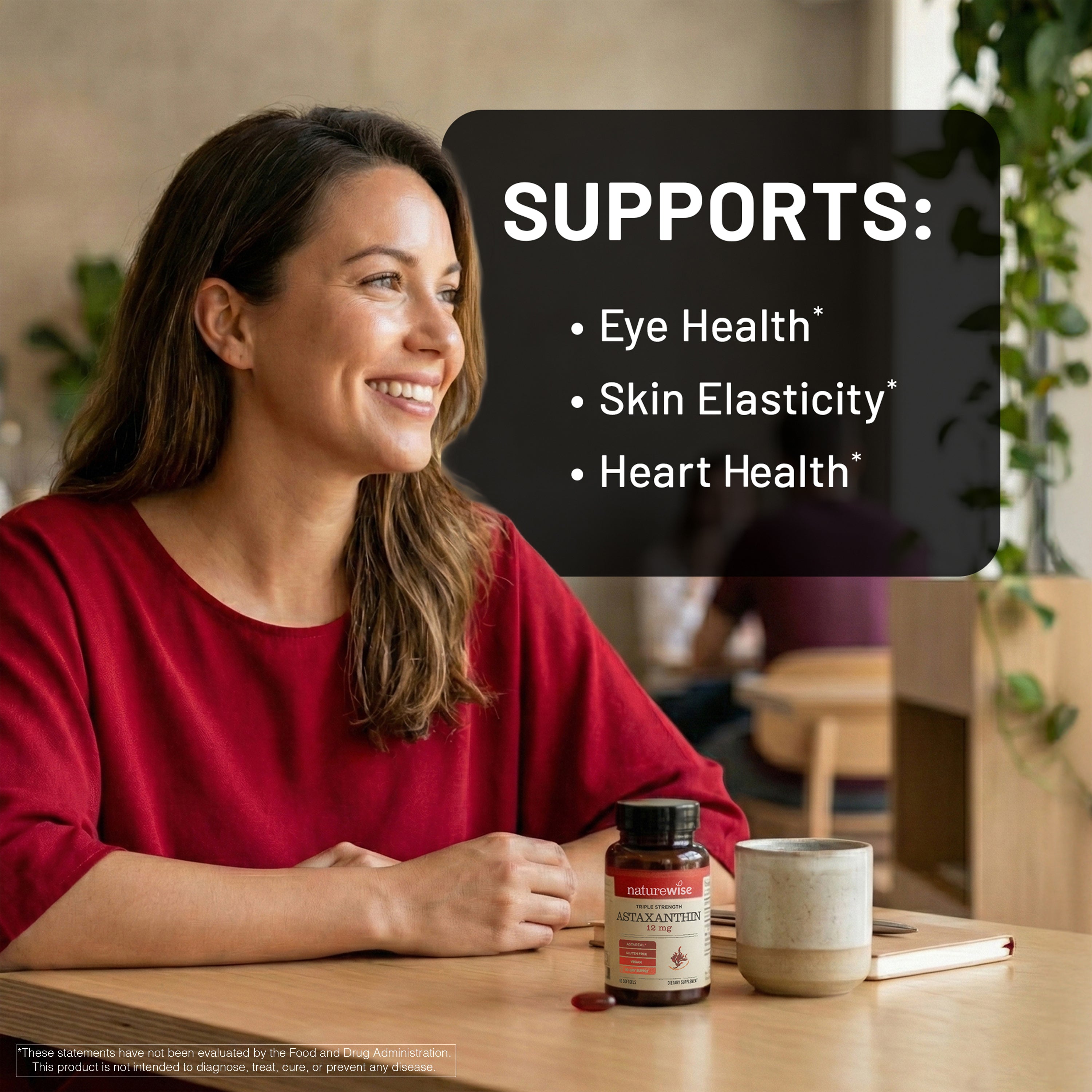 Woman sitting at a table with a bottle of NatureWise Astaxanthin supplement surrounded by text highlighting product benefits.