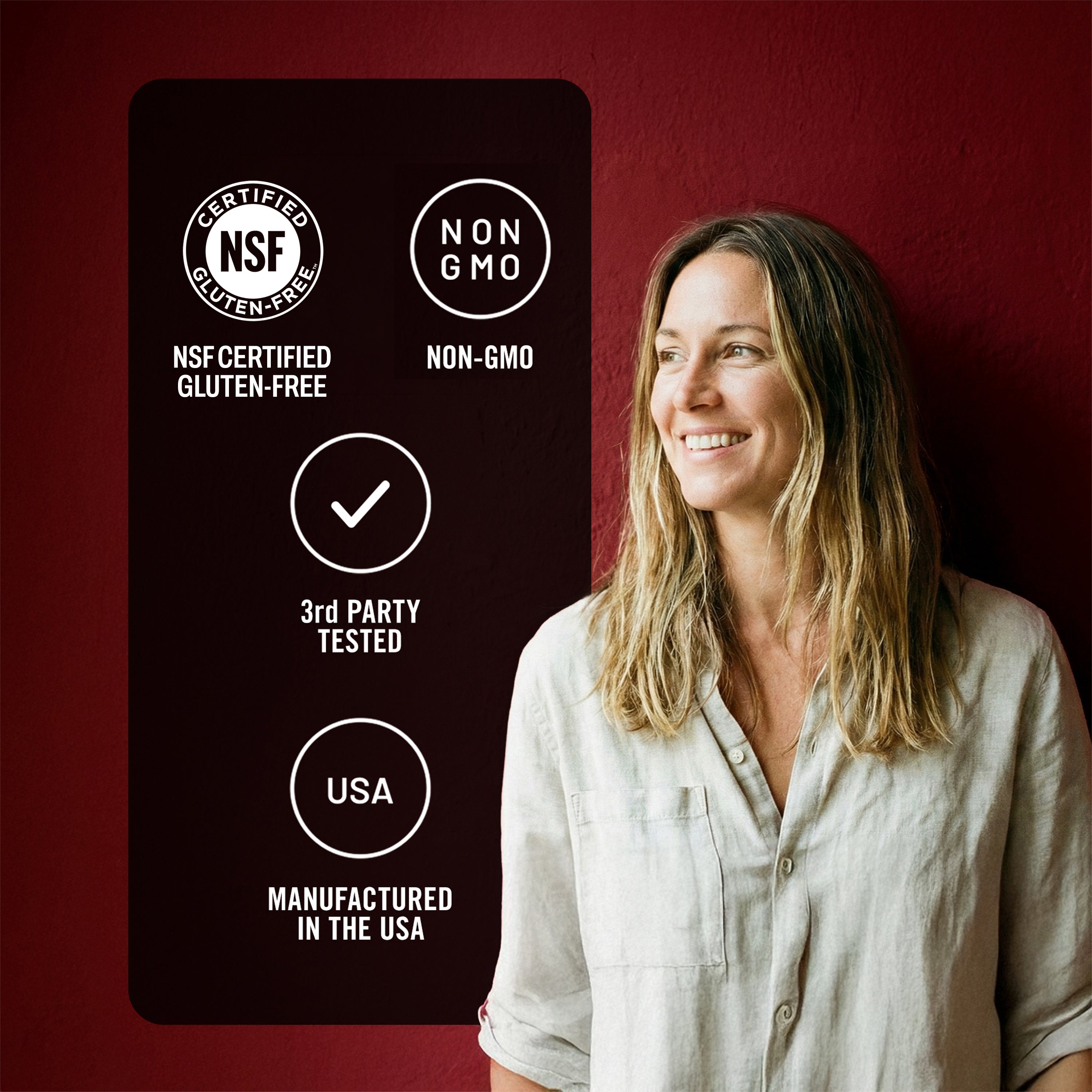Woman standing next to a certification label on a red background