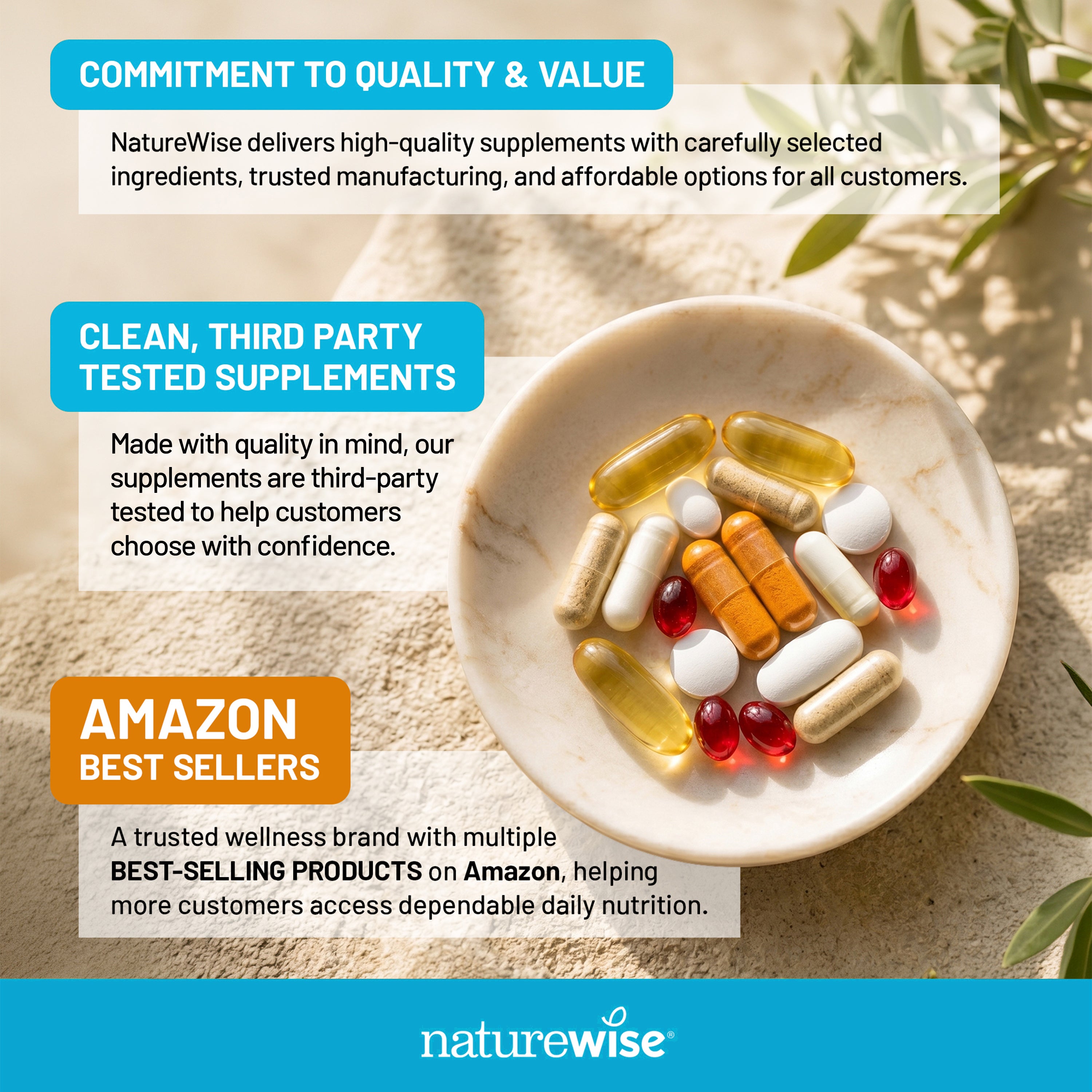 NatureWise supplement advertisement with a bowl of various pills on a natural background