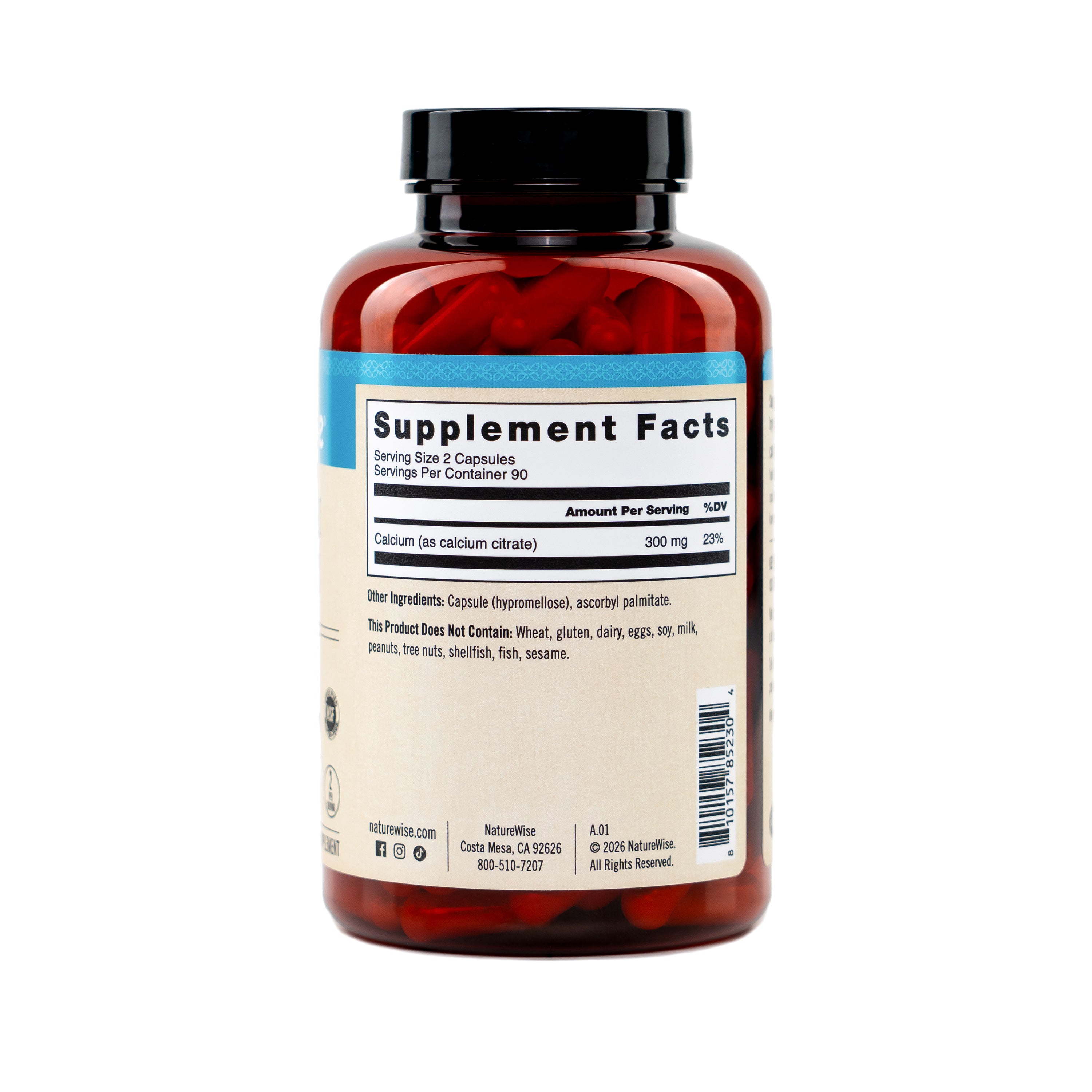 NatureWise Calcium Citrate 300 mg 180 Capsules supplement bottle with supplement fact label on a white background
