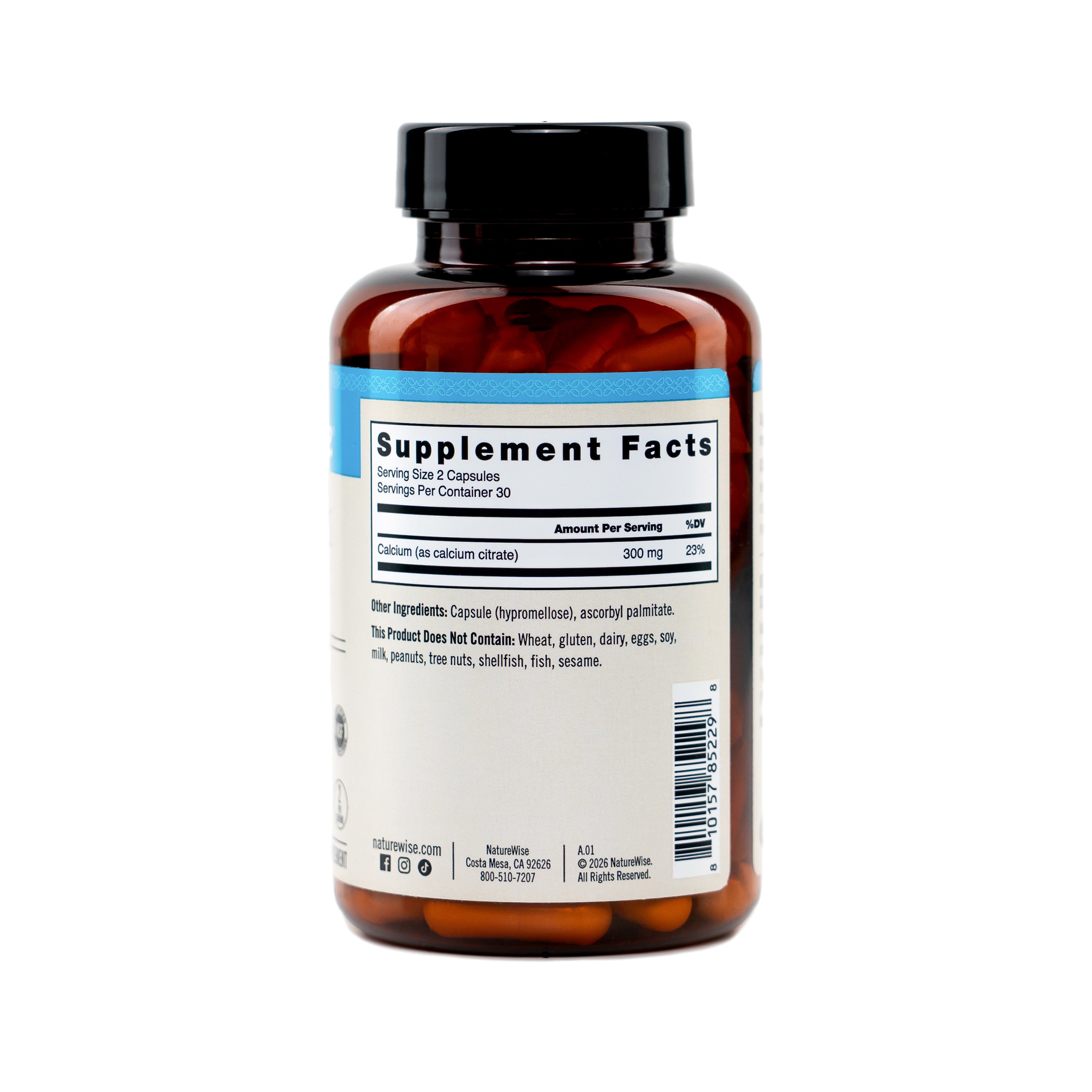 NatureWise Calcium Citrate 300 mg 60 Capsules supplement bottle with supplement fact label on a white background