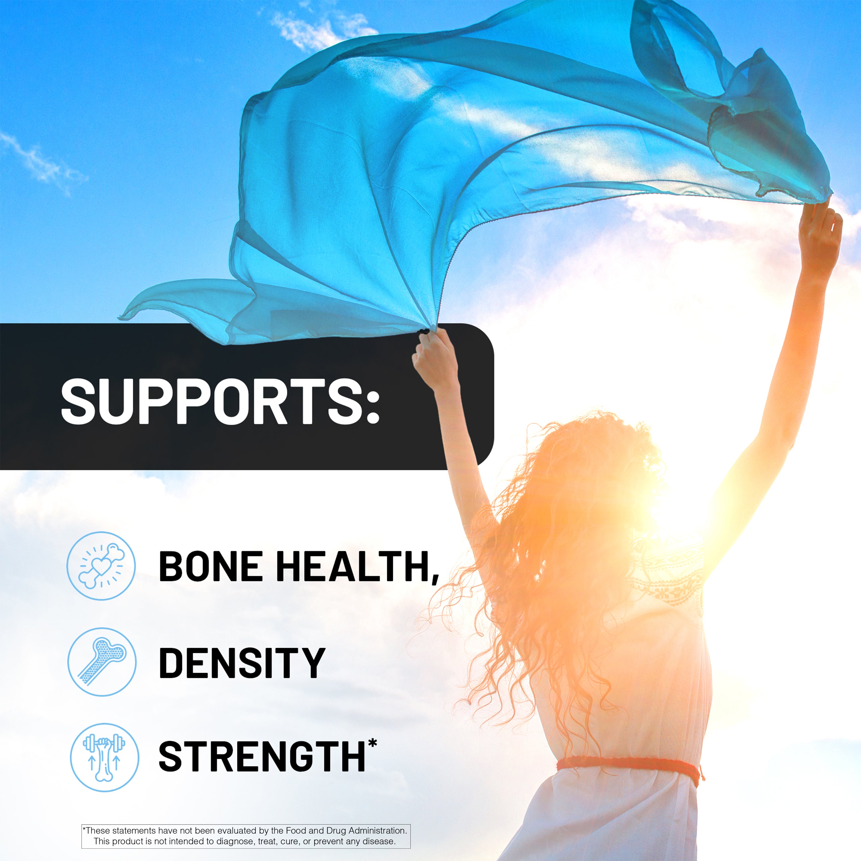 Person holding a blue fabric against a bright sky with text about bone health, density, and strength.