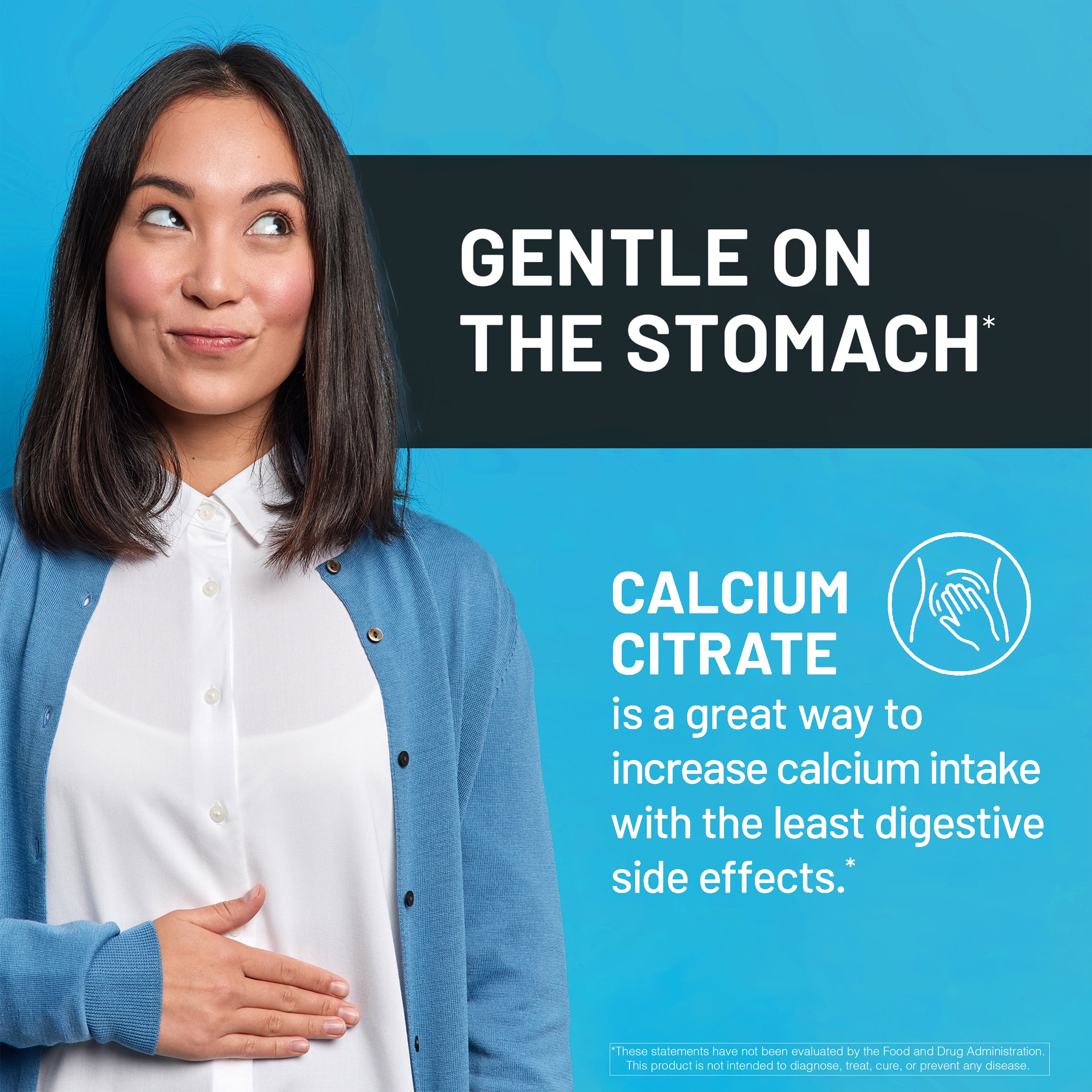 Woman with a blue background and text about calcium citrate being 'gentle on the stomach'.