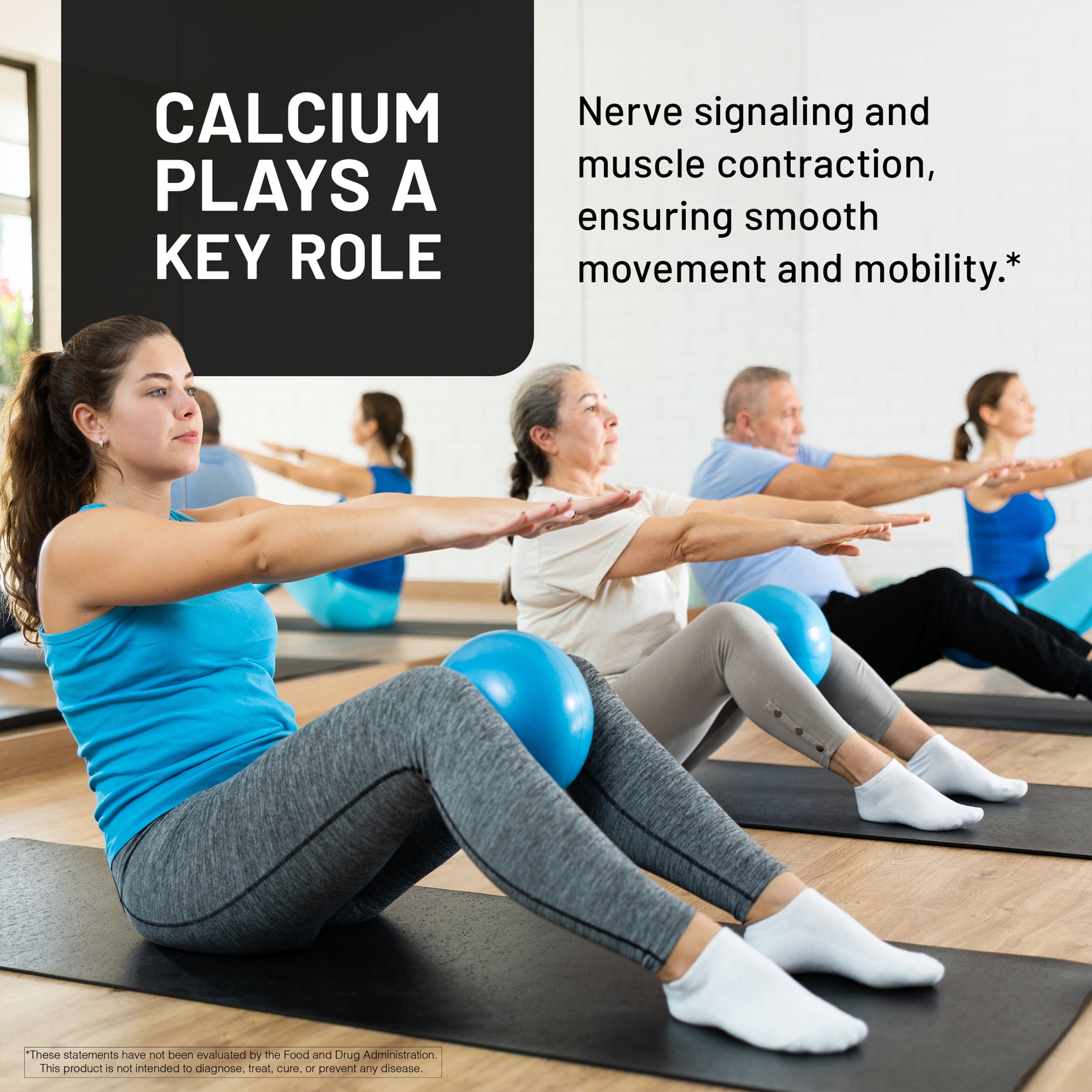 Group of people exercising with blue balls on mats, with text about calcium's role in muscle function.