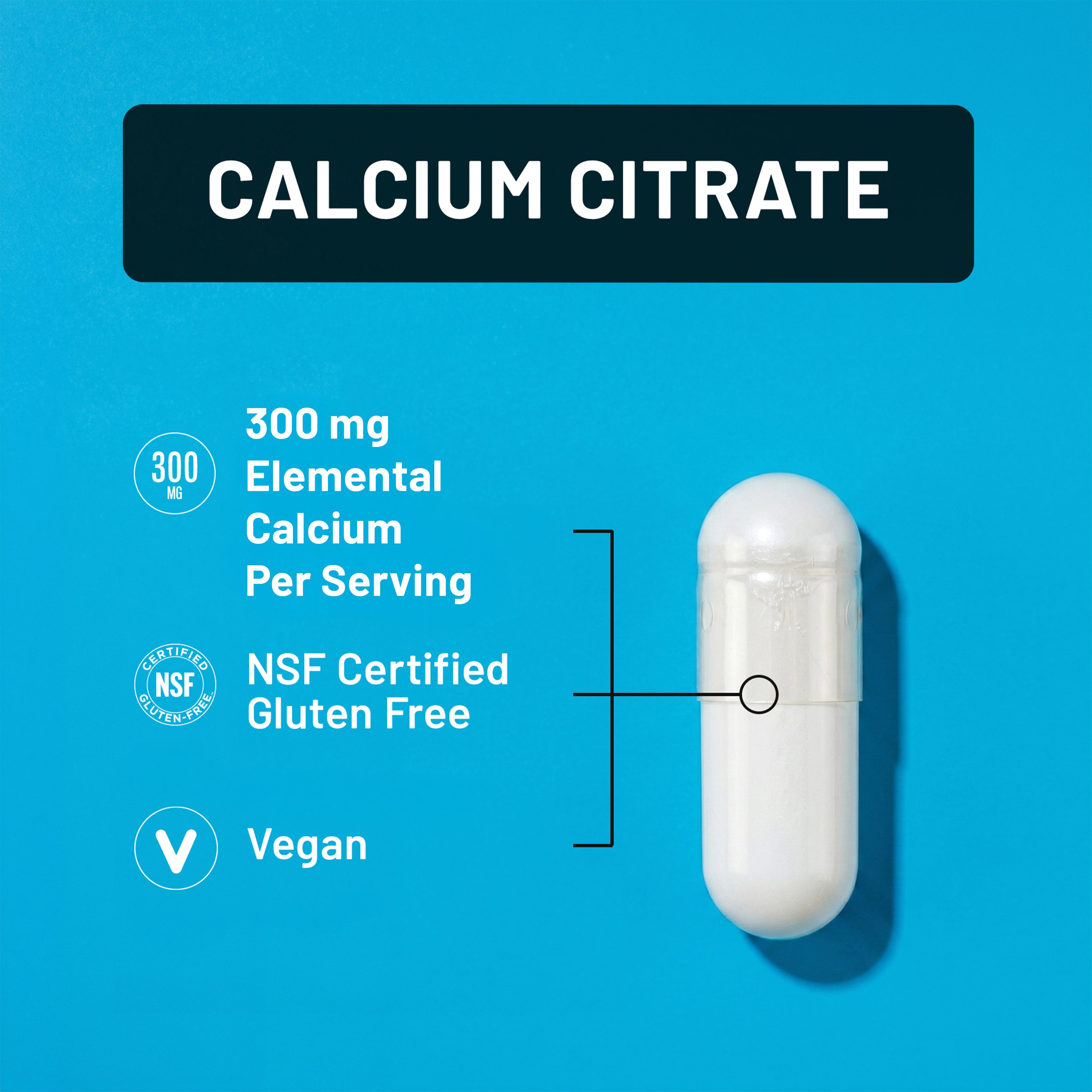 Calcium citrate supplement capsule with nutritional information and NSF certified gluten free logo on a blue background