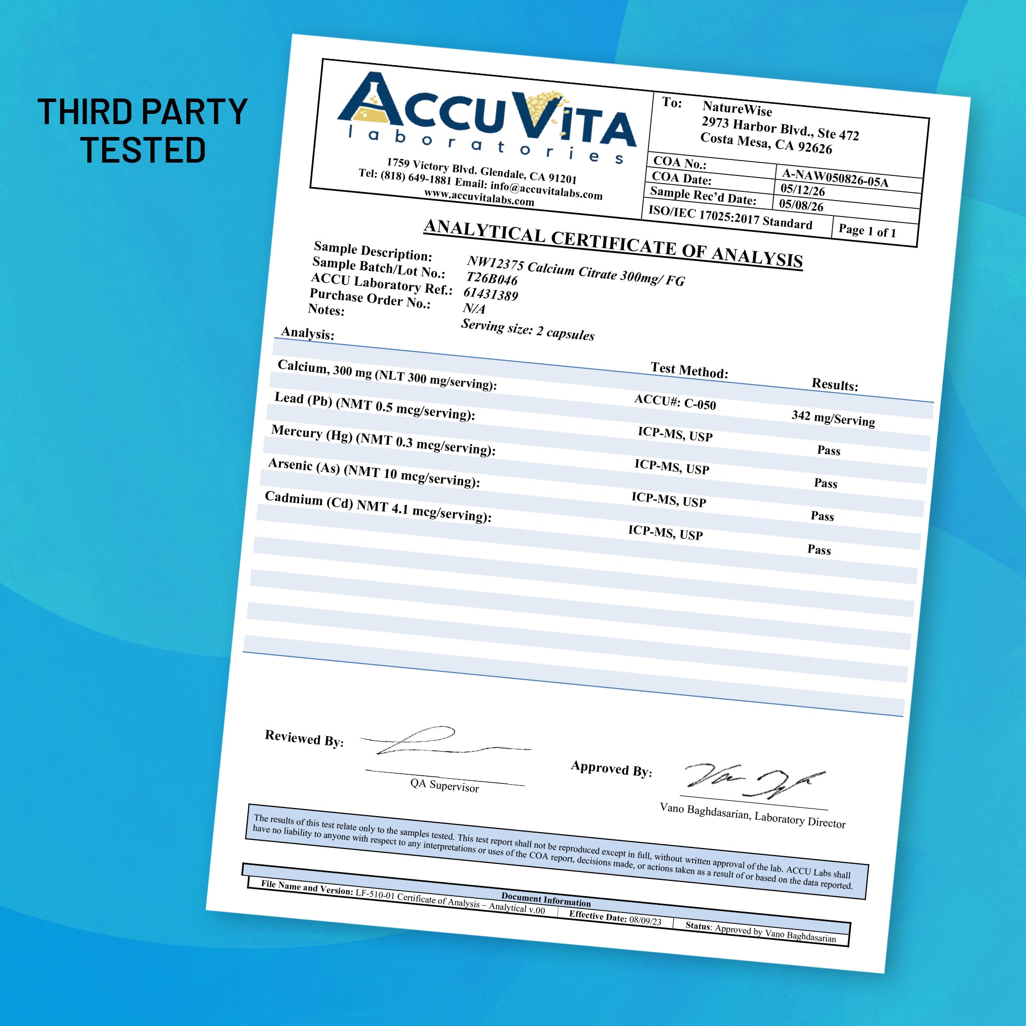 NatureWise Calcium Citrate Analytical Certificate of Analysis from AccuVita Laboratories on a blue background