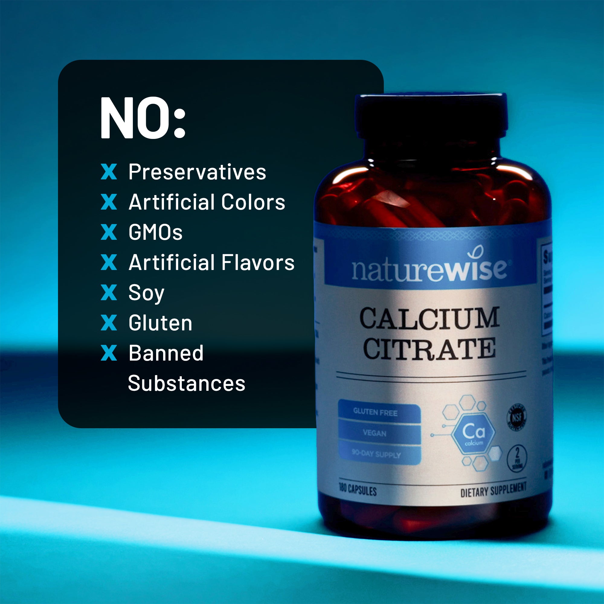 Naturewise Calcium Citrate supplement bottle with a list of no ingredients on a blue background