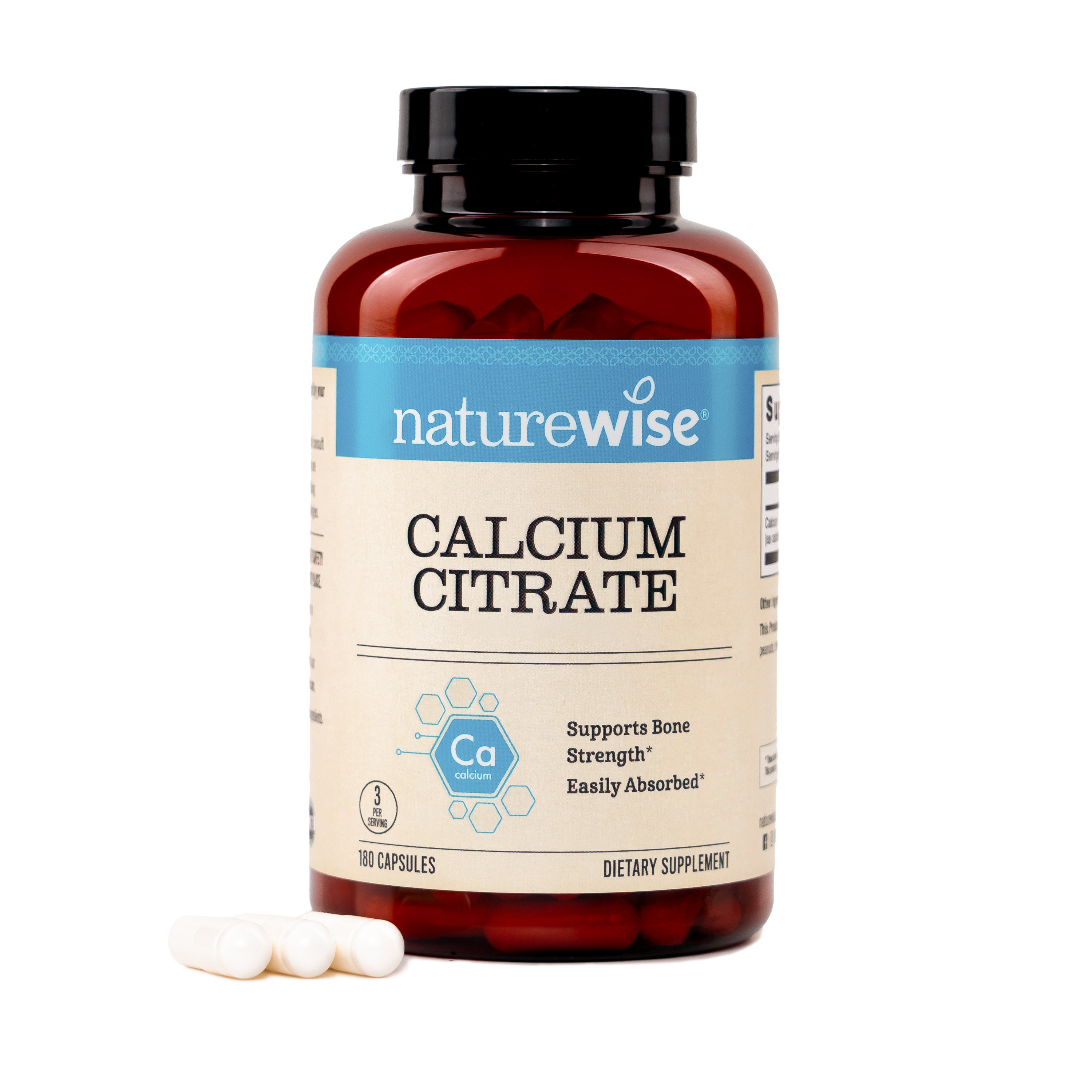 NatureWise Calcium Citrate 180 Capsules supplement bottle with 3 capsules on a white background