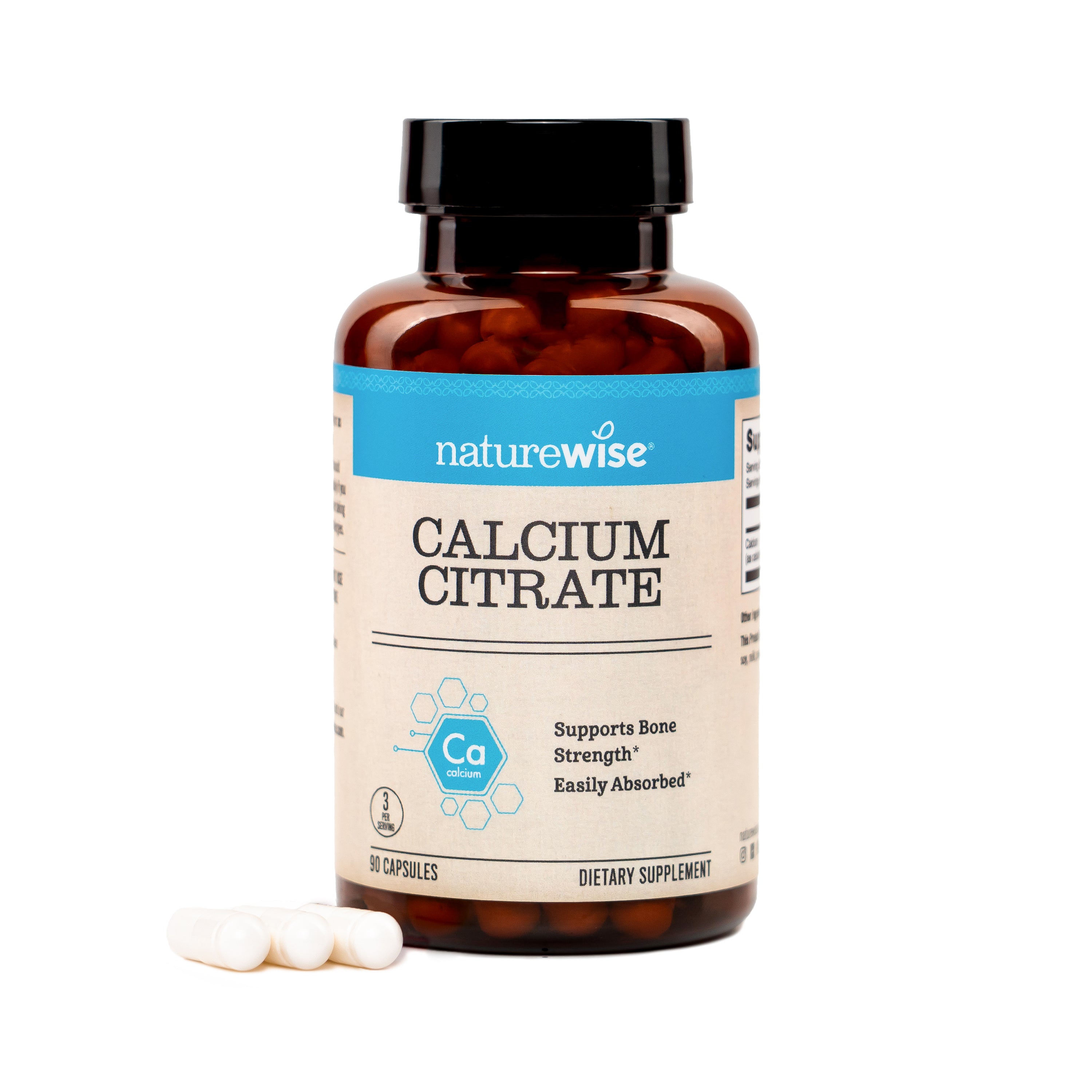 NatureWise Calcium Citrate 90 Capsules supplement bottle with 3 capsules on a white background