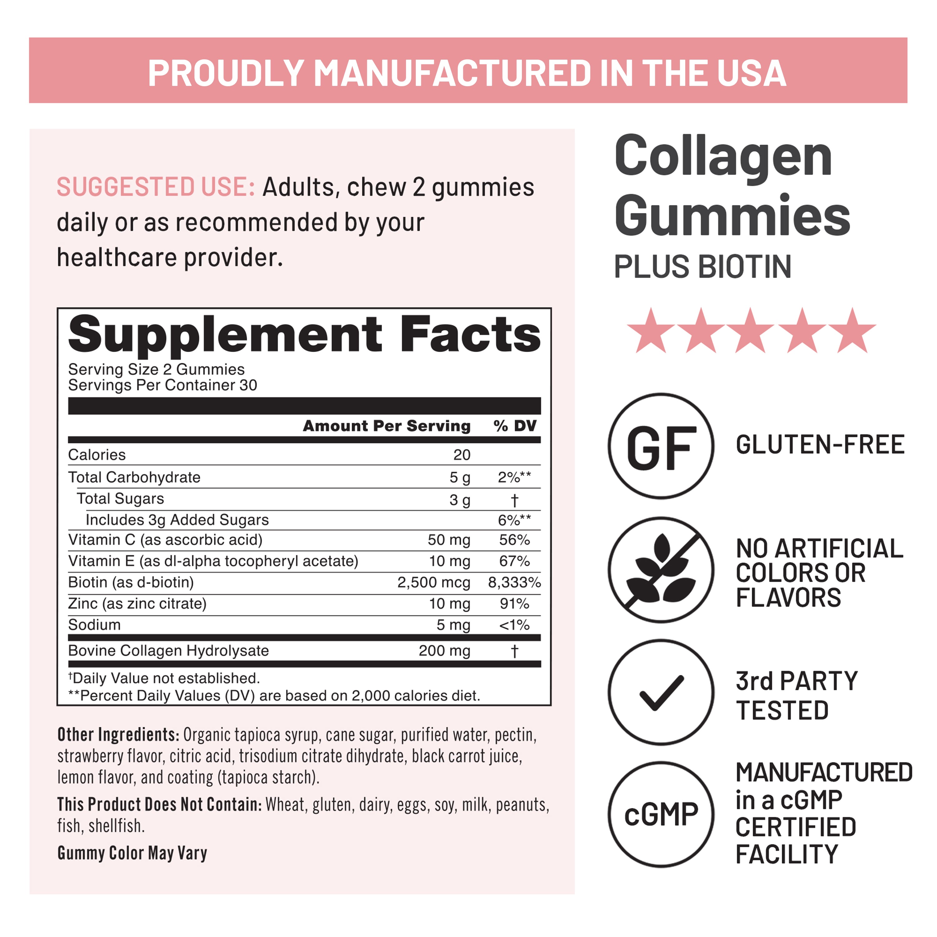 Supplement label for Collagen Gummies Plus Biotin with ingredient list and nutritional information.