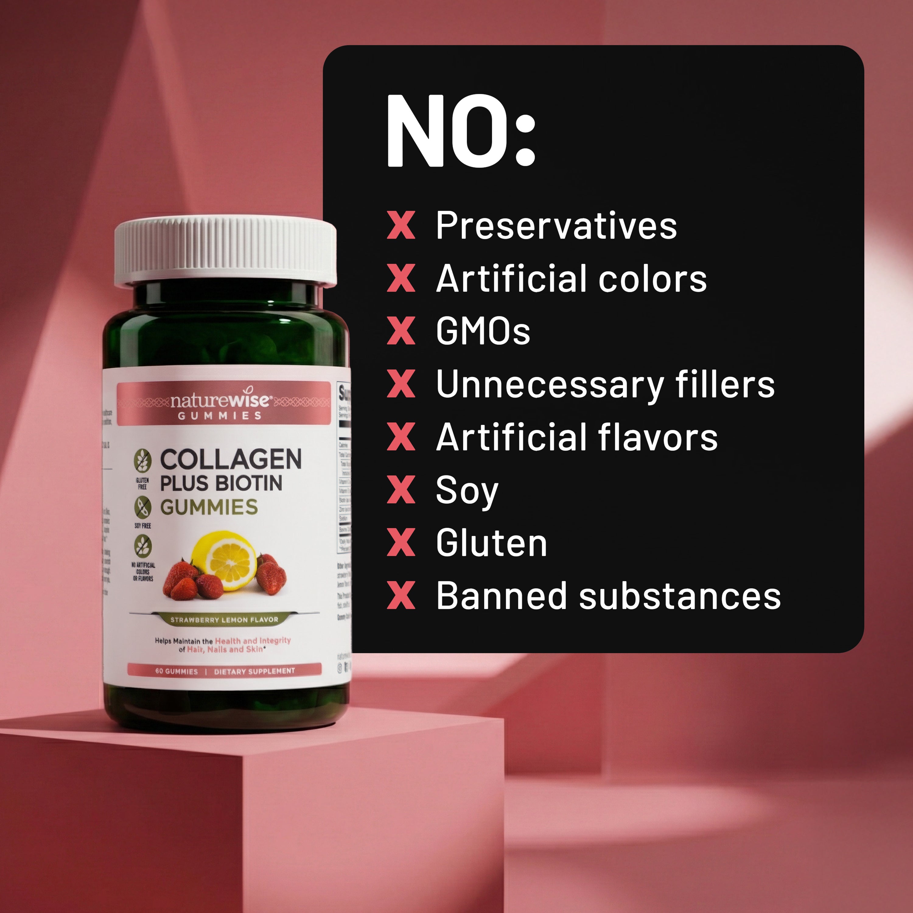 NatureWise Collagen Plug Biotin Gummies bottle with a list of no ingredients on a pink background