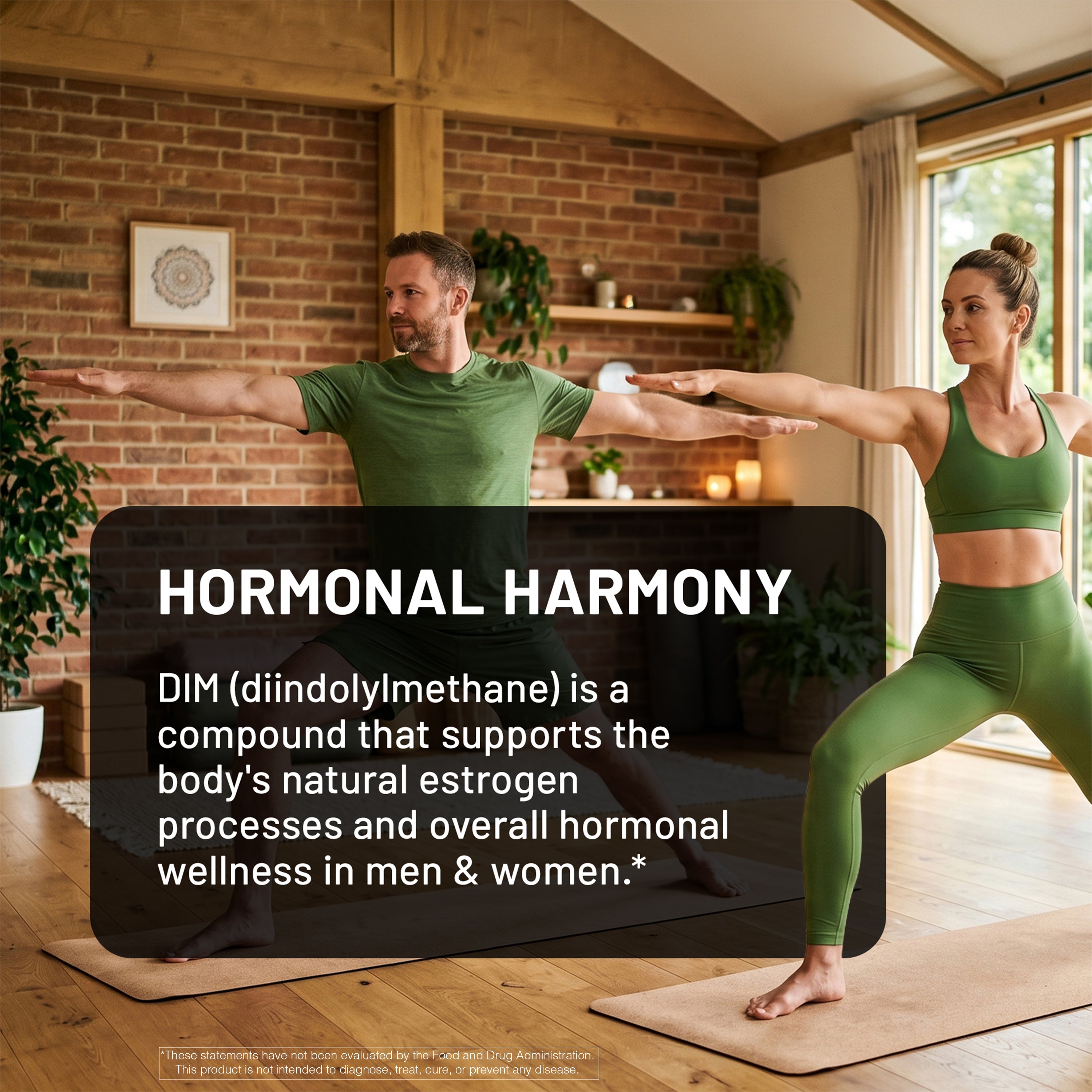 Two people in green workout attire stretching in a room with plants and a brick wall with text about hormonal wellness in men and women.