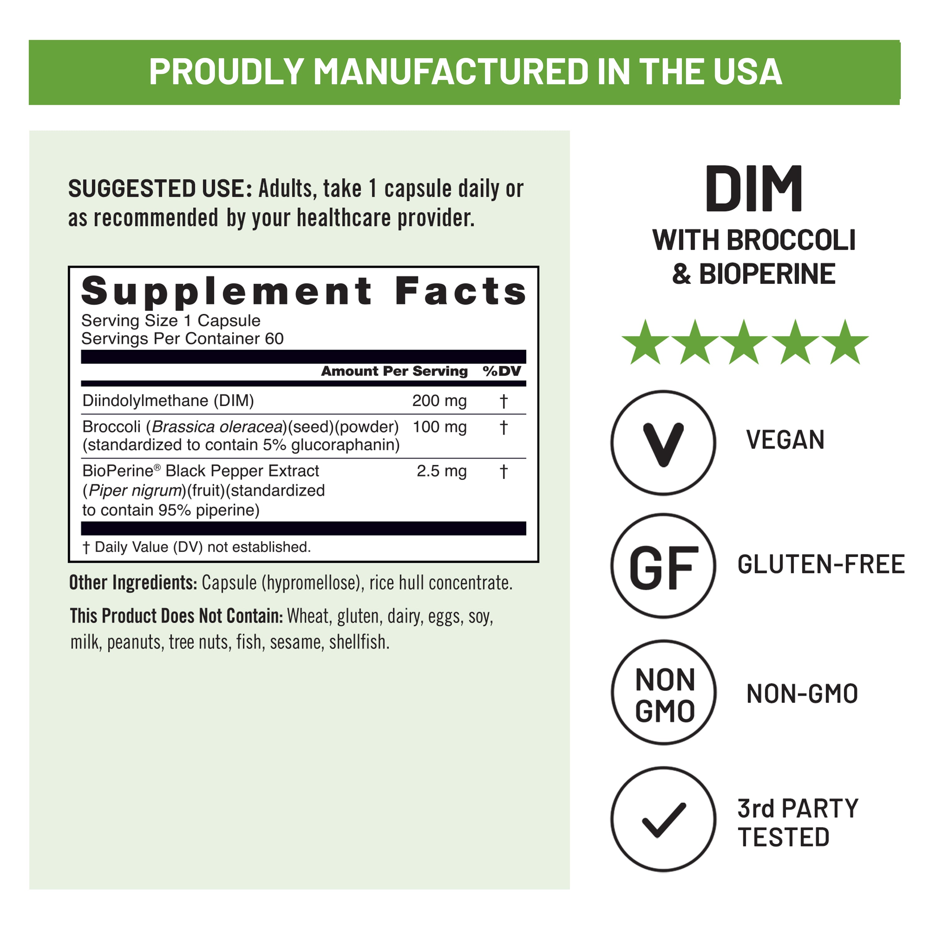 Supplement label for NatureWise DIM supplement with broccoli and bioperine, highlighting manufacturing location, suggested use, supplement facts, and certification logos.