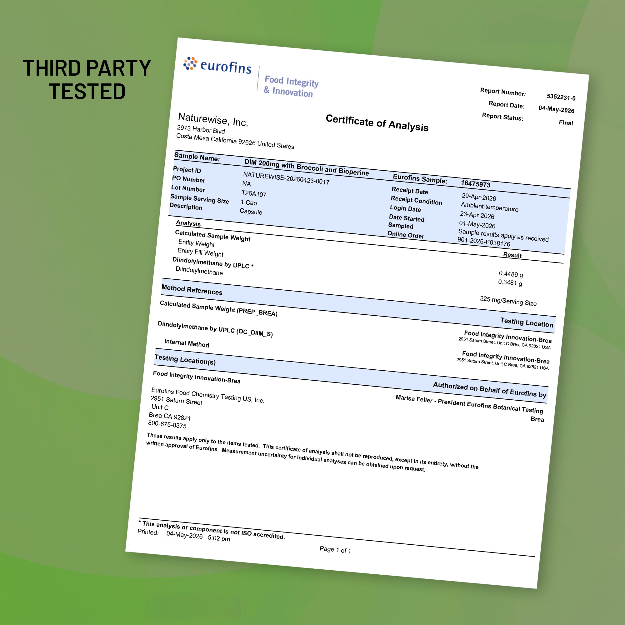 Certificate of Analysis for NatureWise DIM Capsules