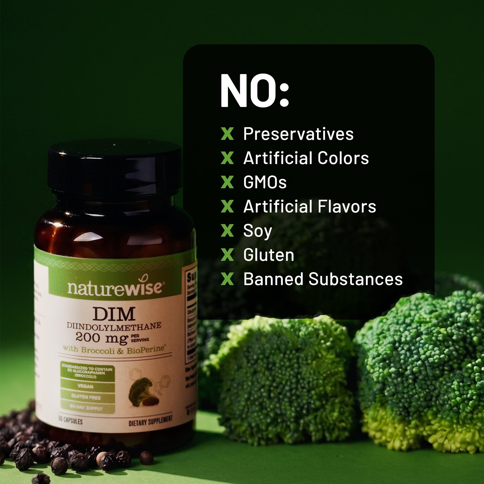 Naturewise DIM supplement bottle with broccoli and black pepper on a green background