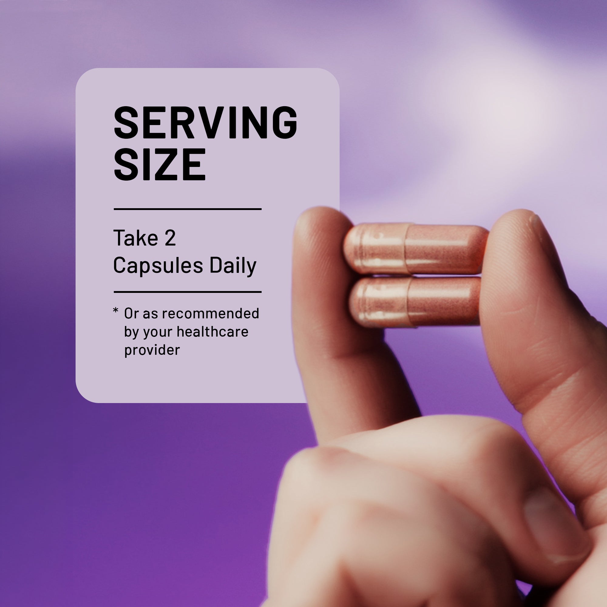 Hand holding two NatureWise elderberry capsules with a 'Serving Size' label on a purple background