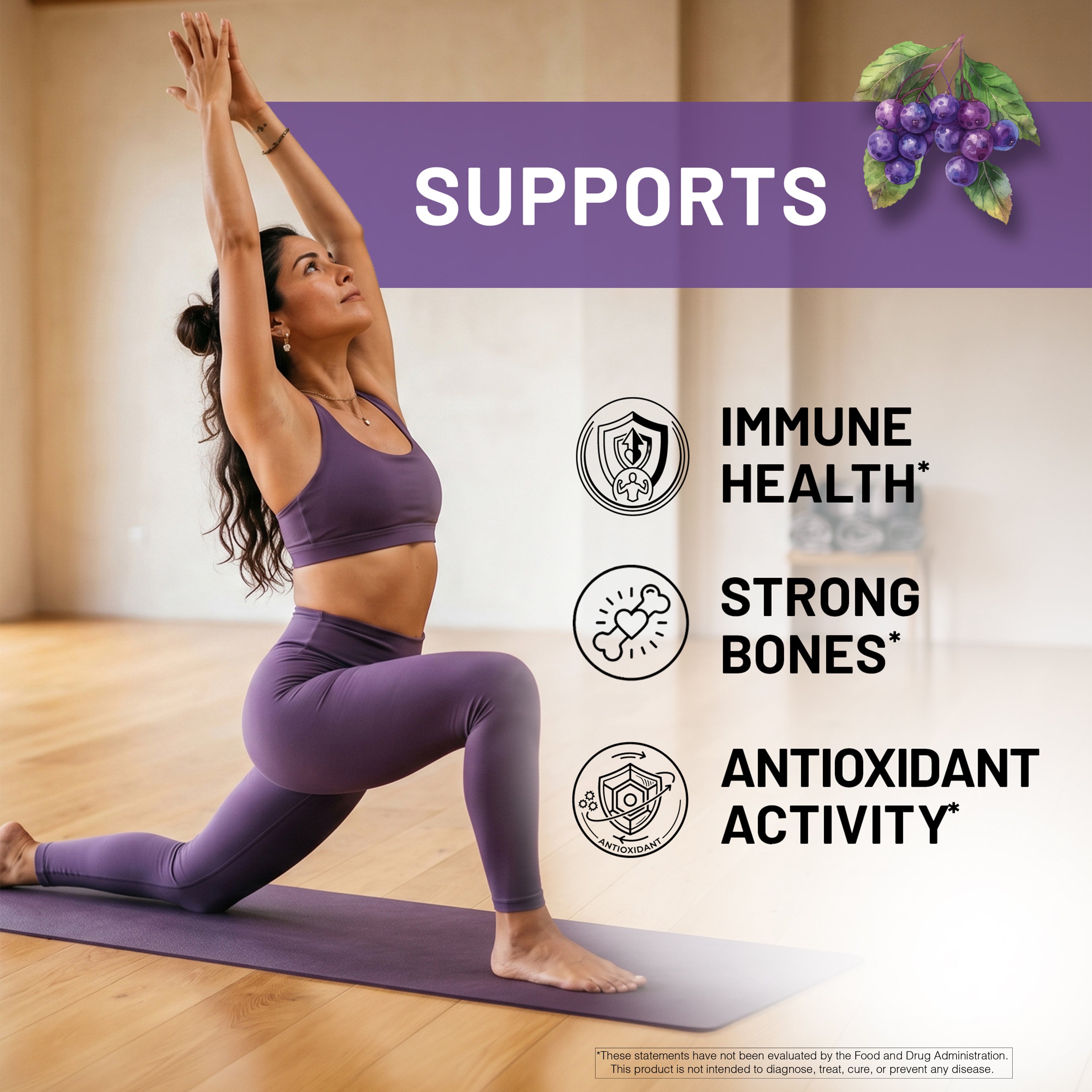 Woman in purple athletic wear performing a yoga pose on a wooden floor with a banner about immune health, strong bones, and antioxidant activity.