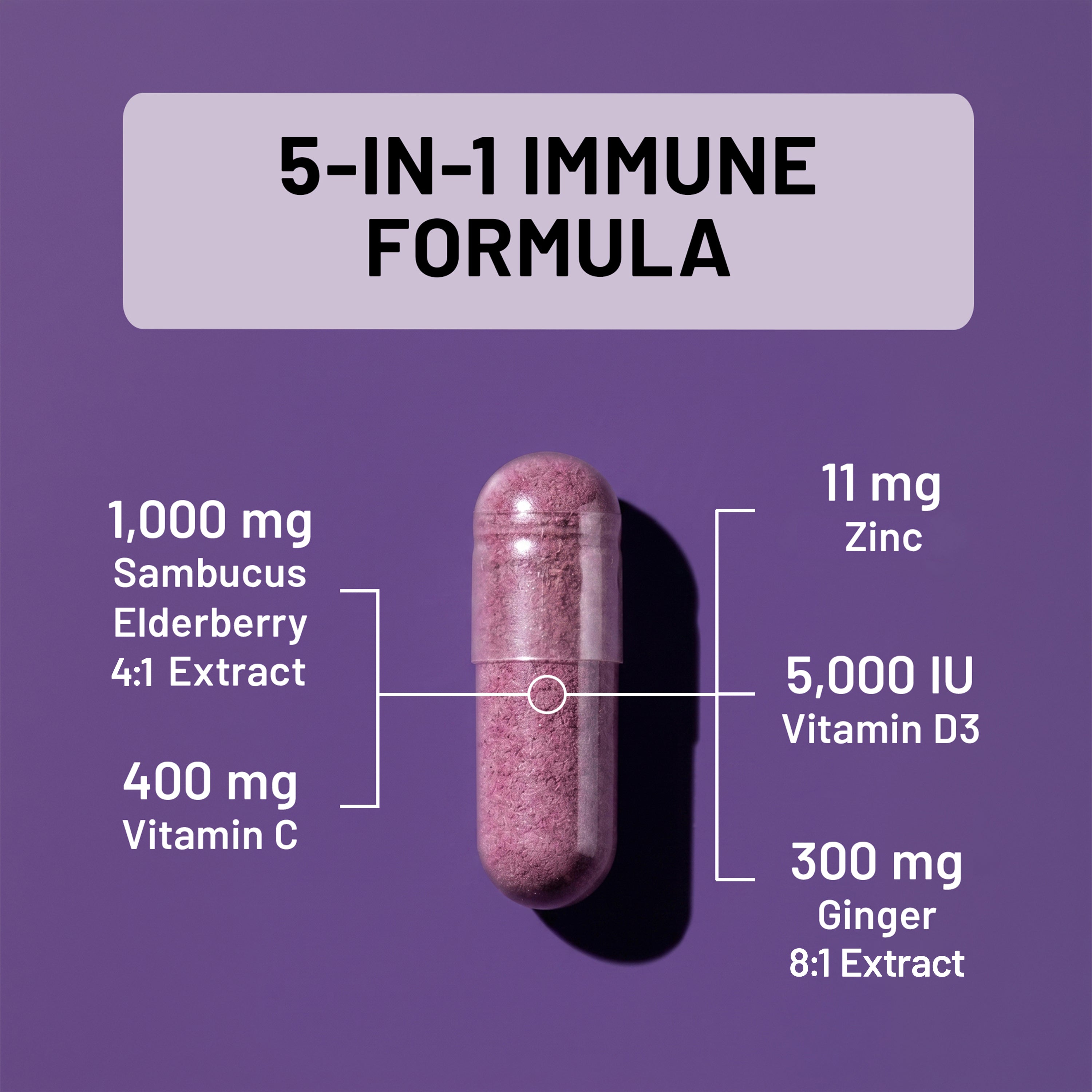 NatureWise 5-in-1 Elderberry purple capsules with nutritional information on a purple background