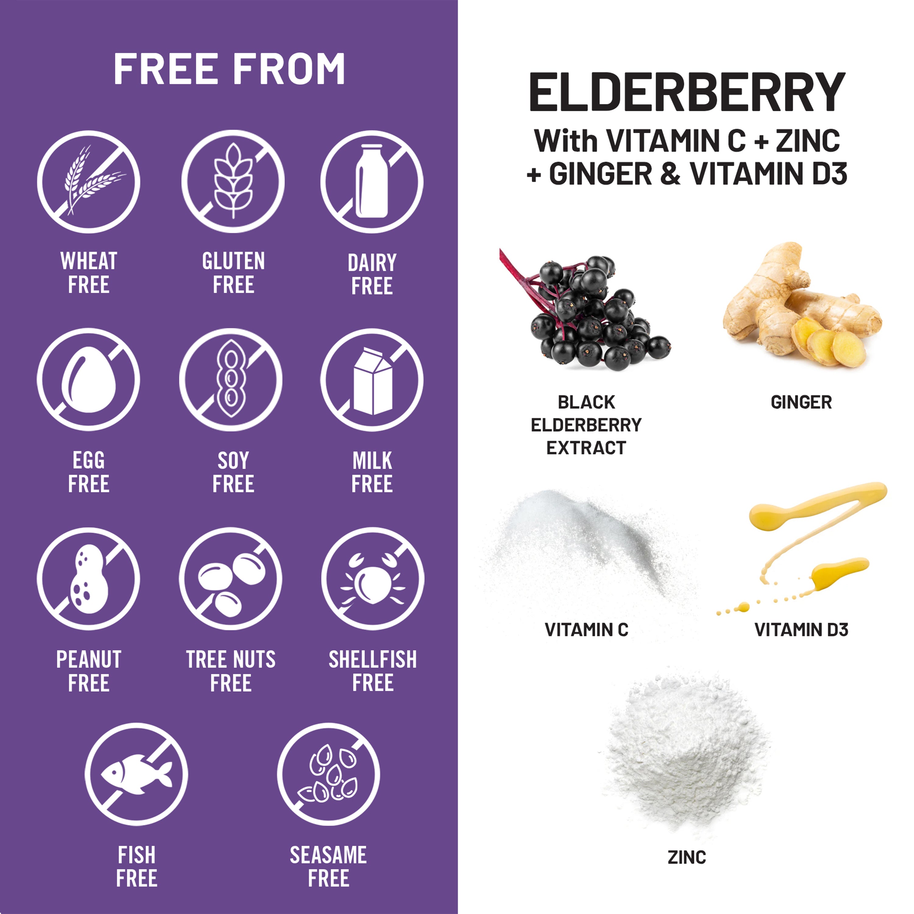 Product label with free-from icons, ingredients, and nutritional information on a purple and white background.