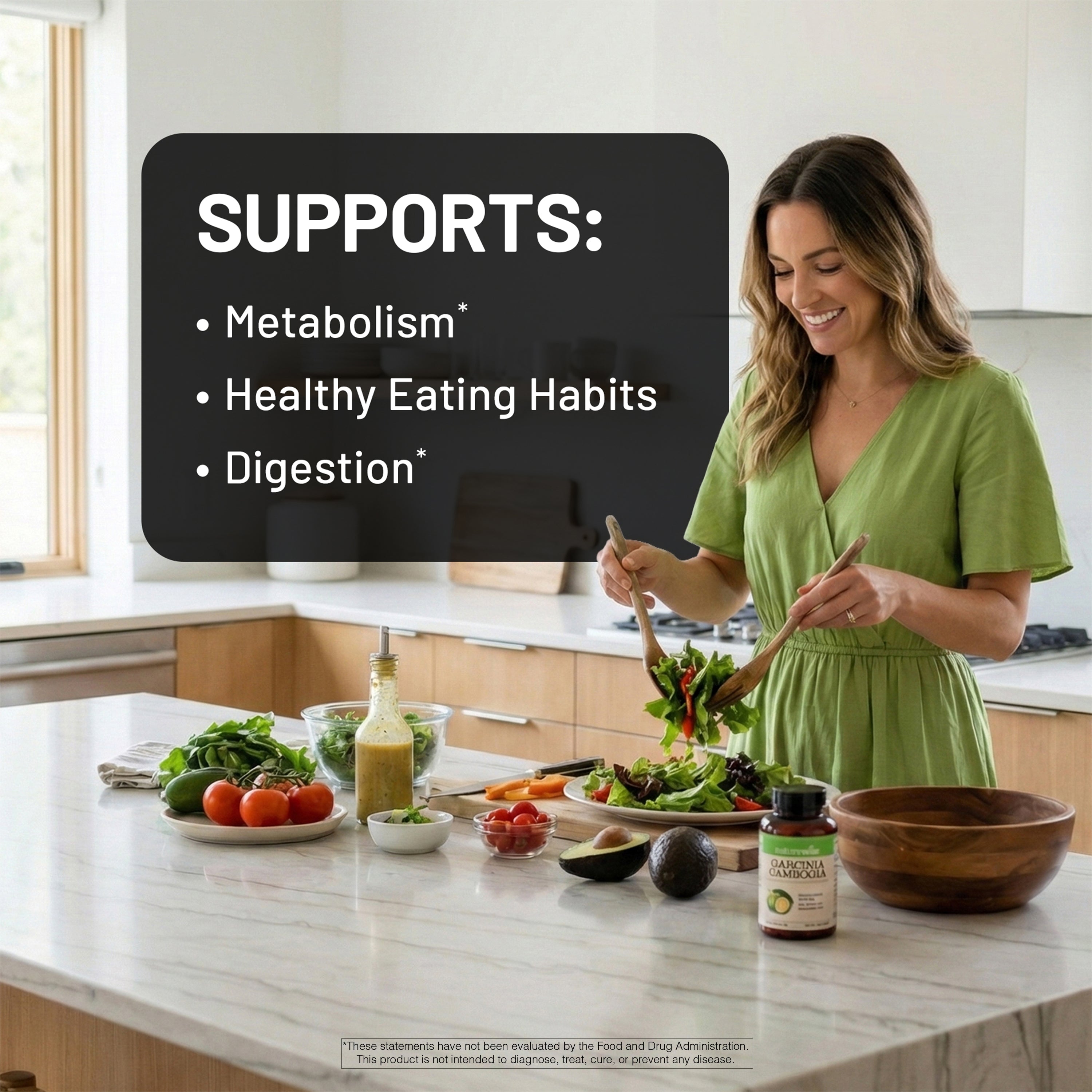 Woman in a kitchen preparing a meal with text about Garcinia Cambogia supplement health benefits displayed.