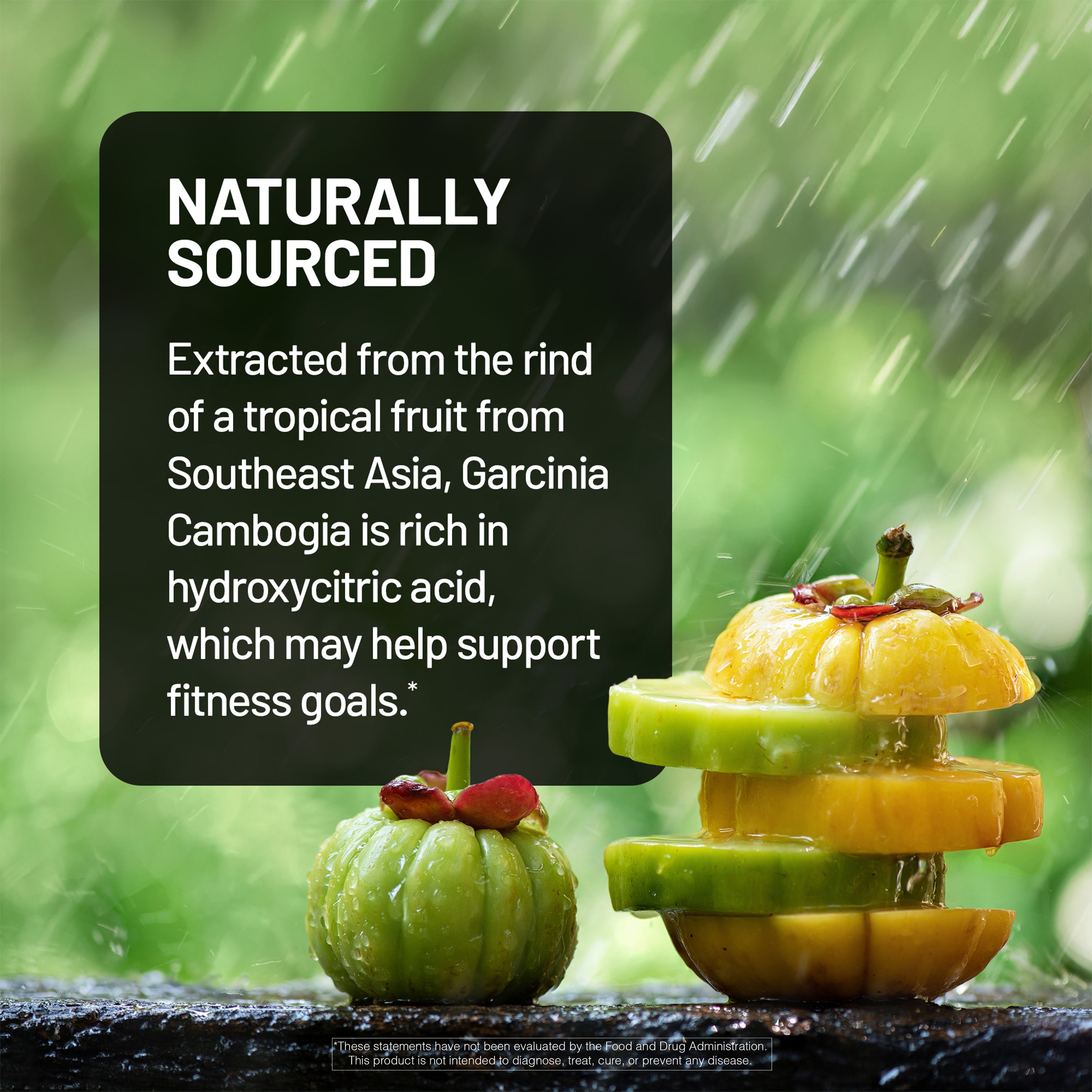 Garcinia Cambogia fruit with sliced pieces on a green background, labeled 'Naturally Sourced'.