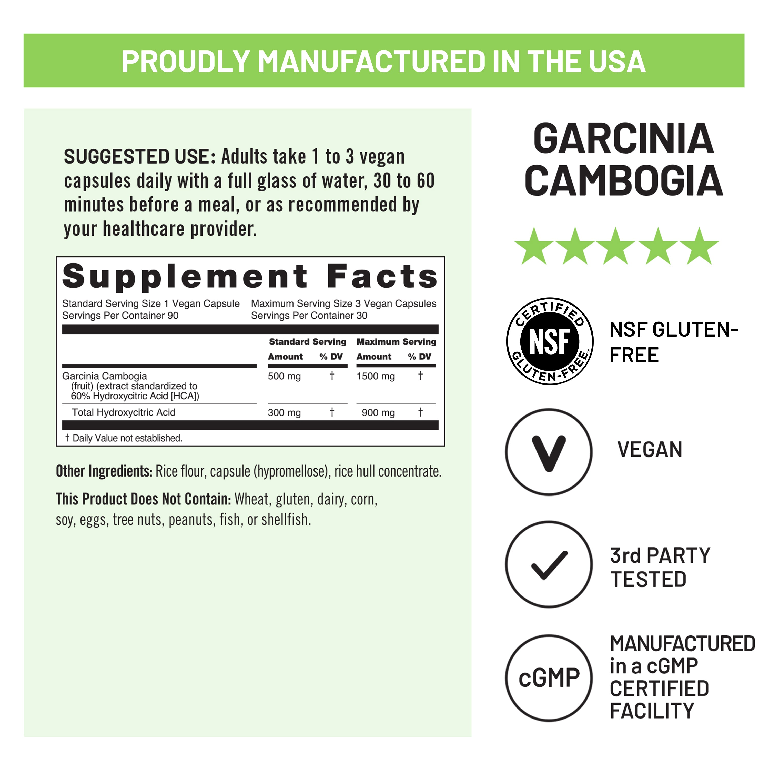Supplement label for Garcinia Cambogia supplement 90 capsules with certification logos and manufacturing details on a green background.