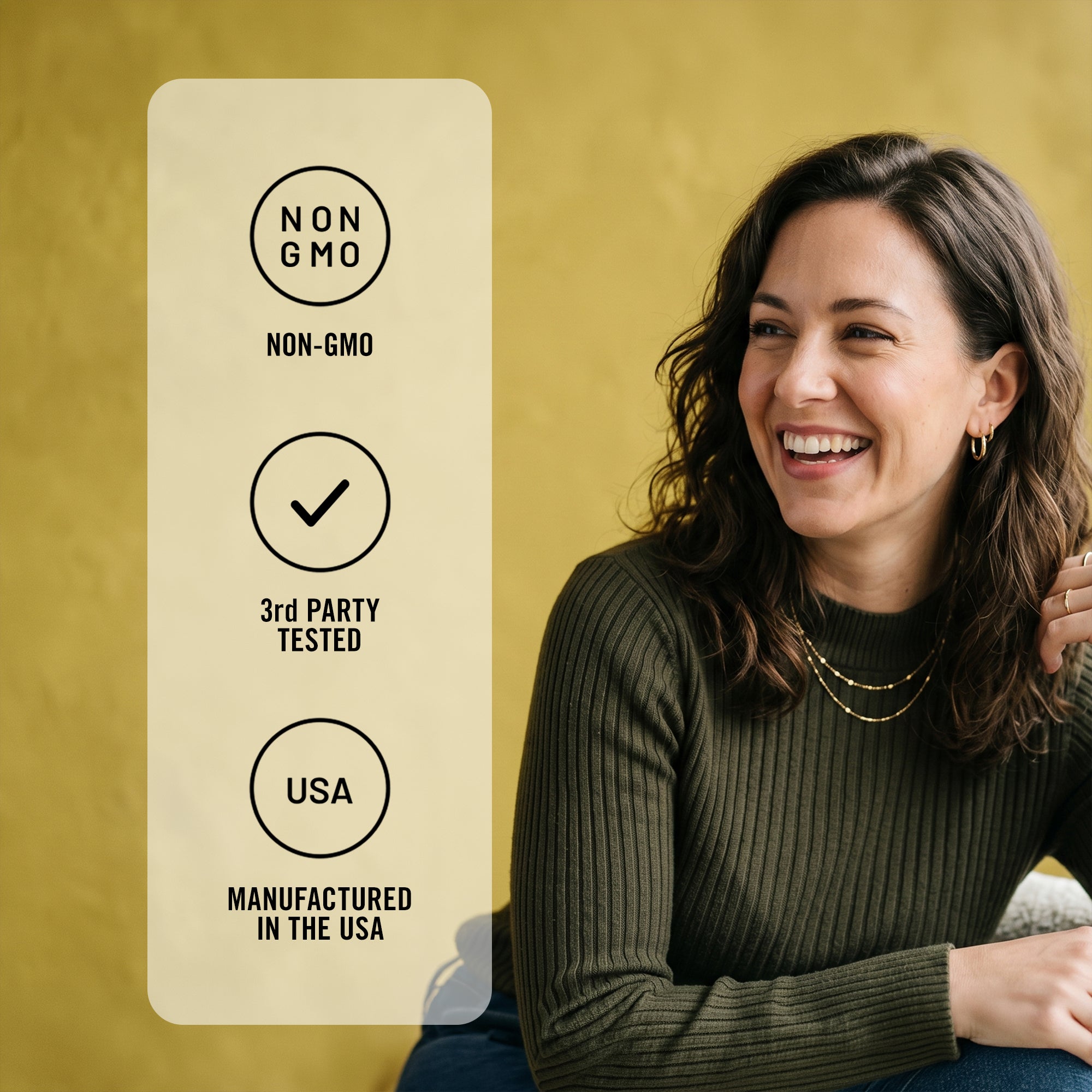 Woman smiling with a label on the left side indicating non-GMO, third-party tested, and USA manufacturing.