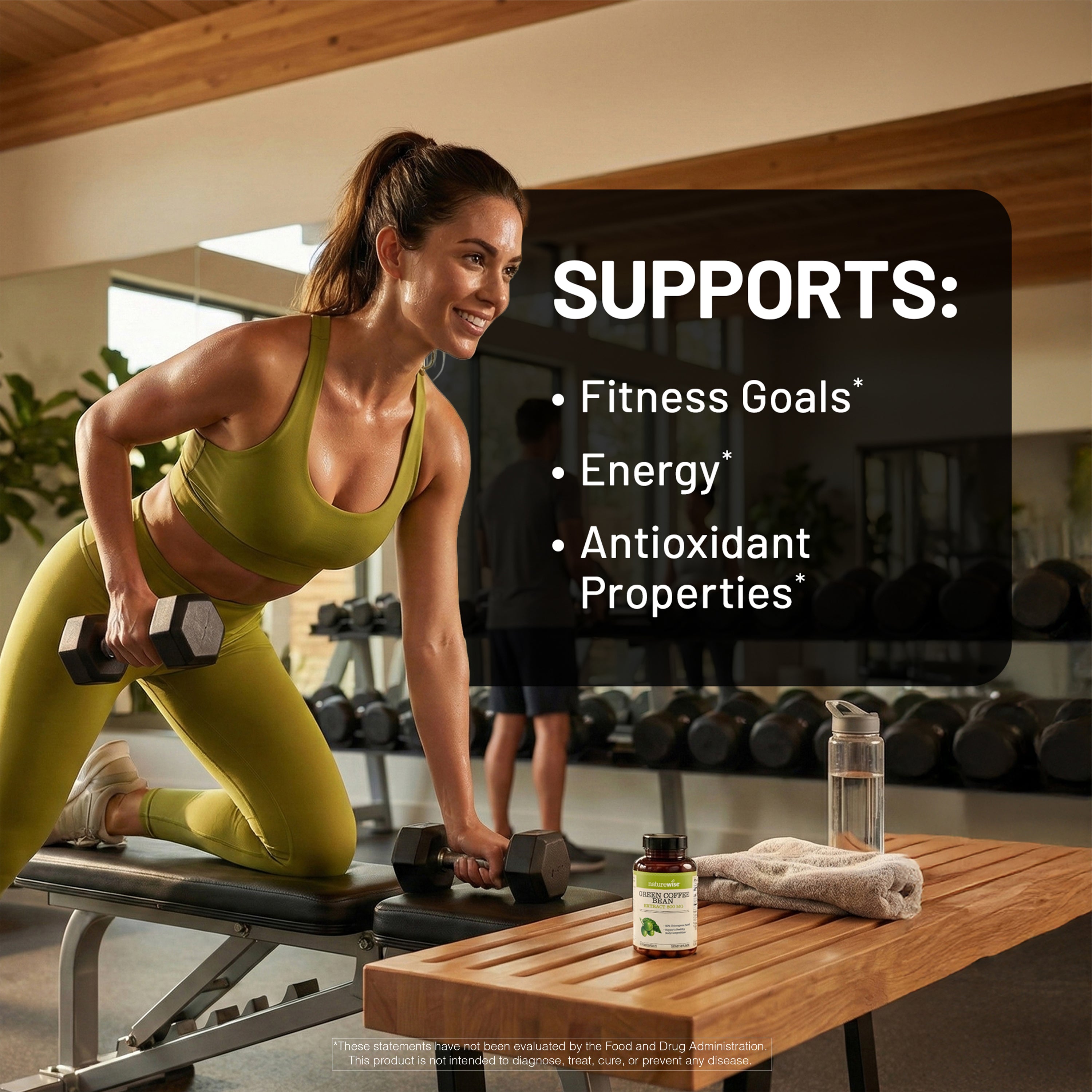 Woman exercising with dumbbells in a gym setting, with a product bottle on a table.