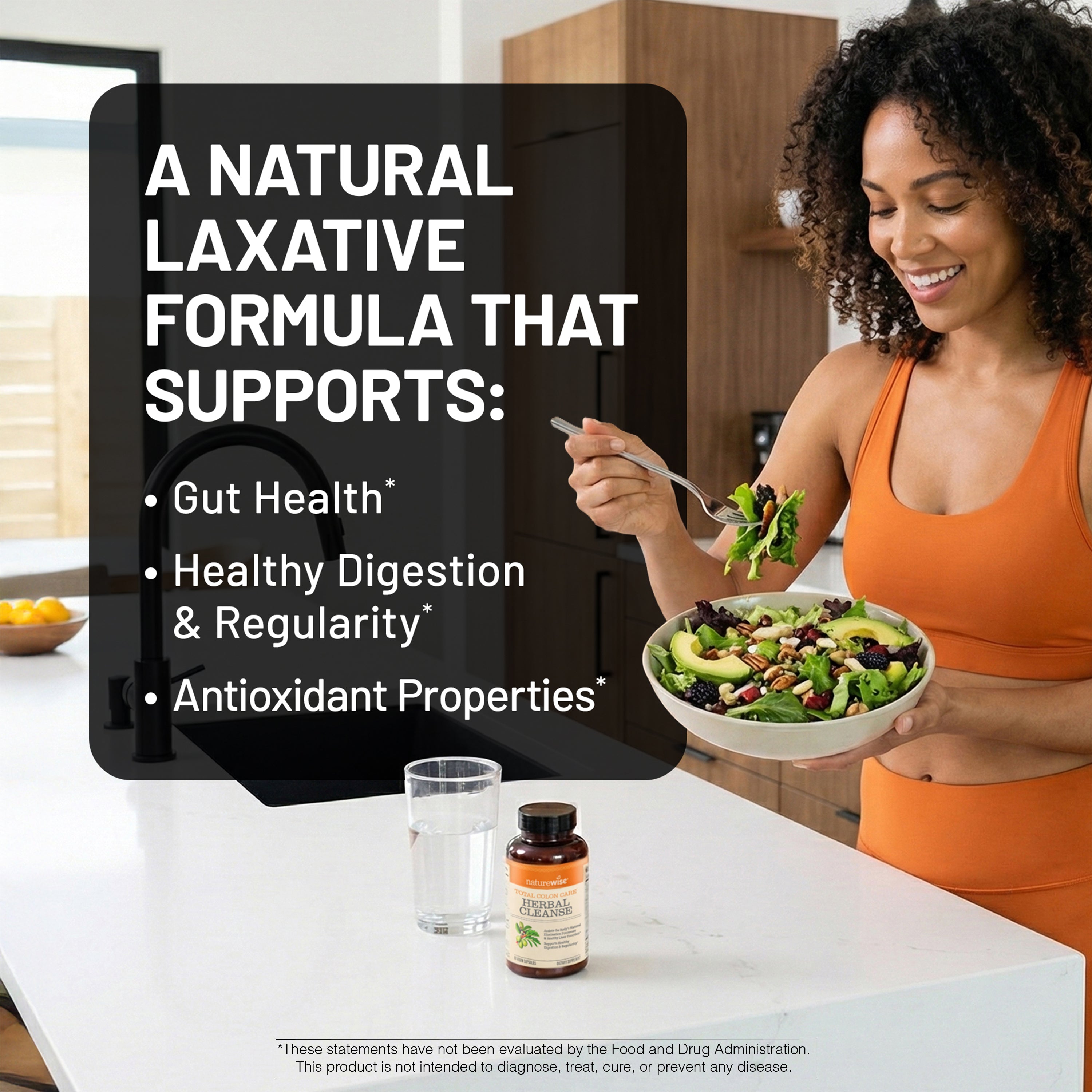 Woman eating salad with herbal detox natural laxative supplement on the counter with text about healthy digestion and antioxidants.