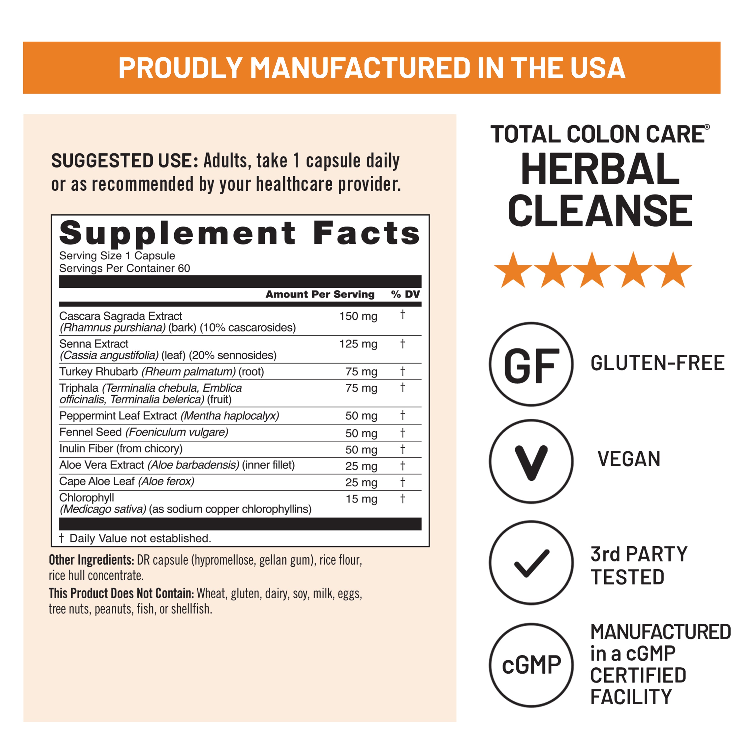 NatureWise Total Colon Care Herbal Cleanse supplement facts.