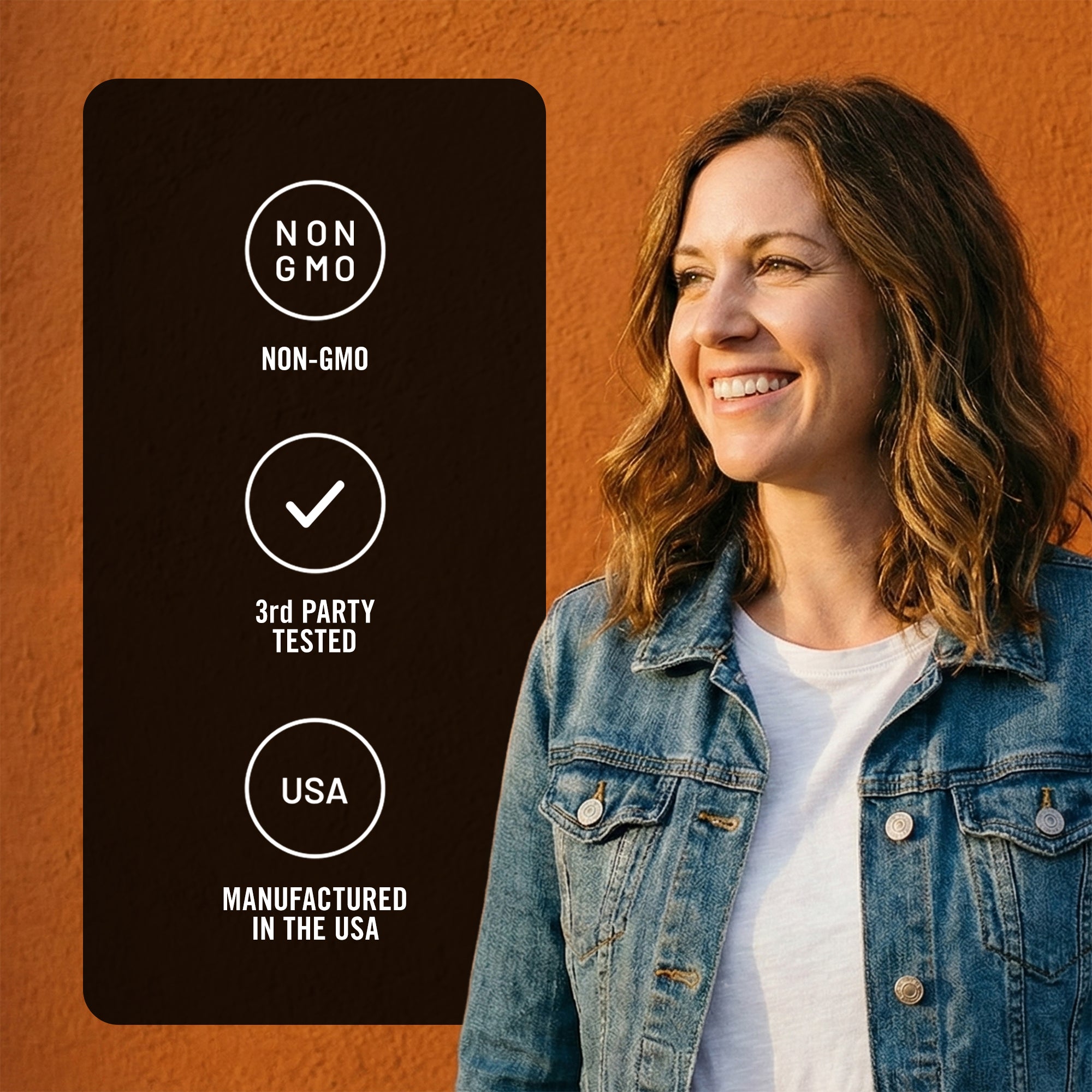 Woman smiling next to icons about non-gmo, USA manufactured and third party tested. 