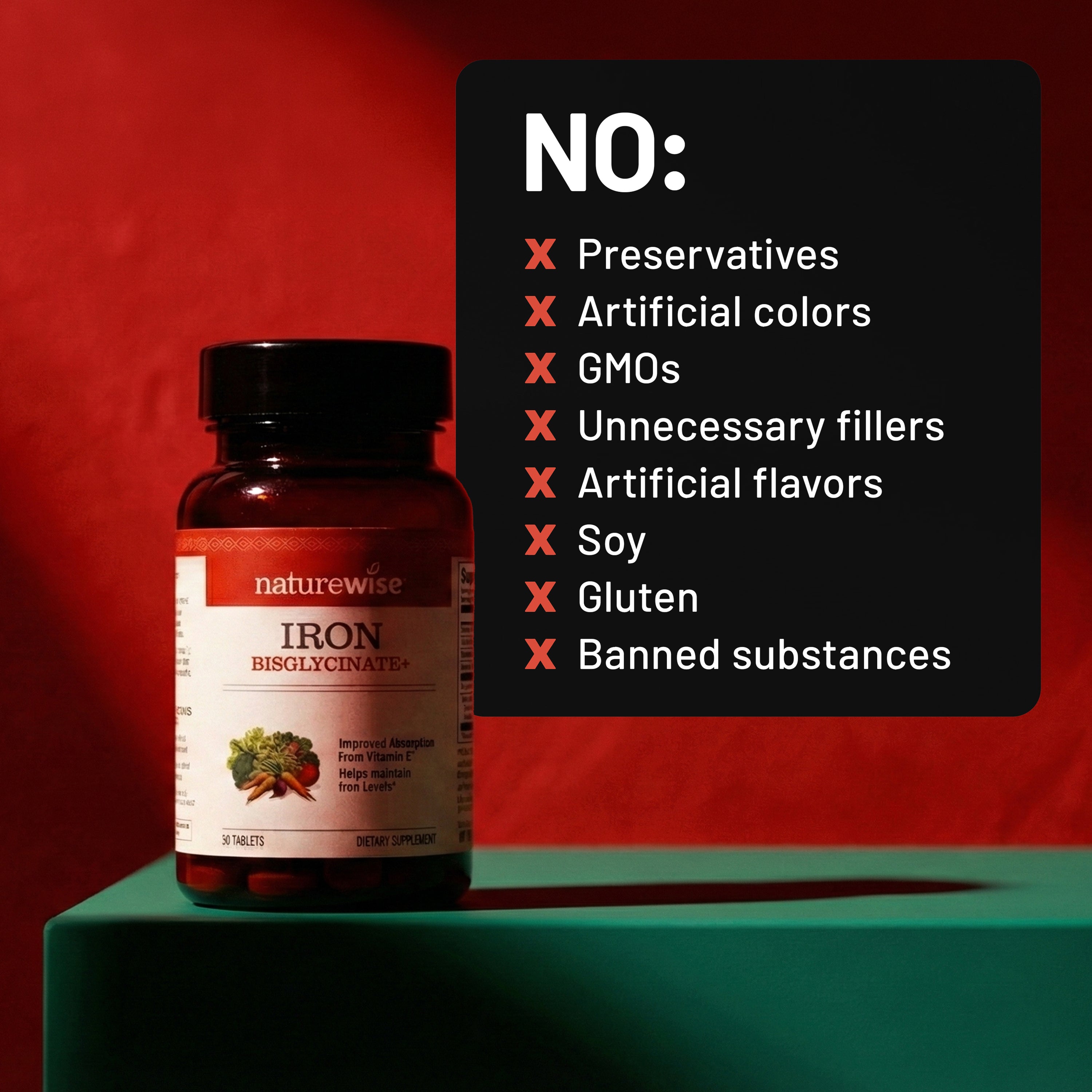 Naturewise iron supplement bottle with a list of no ingredients on a red background