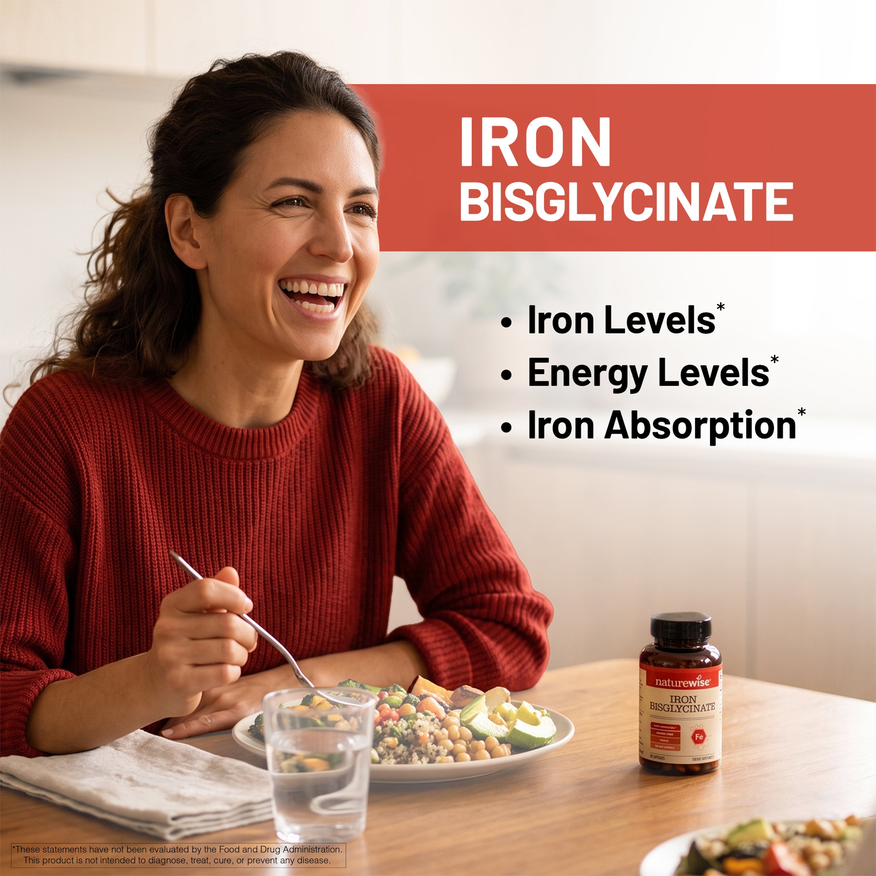 A smiling woman seated at a table eating a salad, with a bottle of iron bisglycinate supplement placed on the table beside her. Large text reads 'IRON BISGLYCINATE' with bullet points about iron levels, energy levels, and iron absorption.