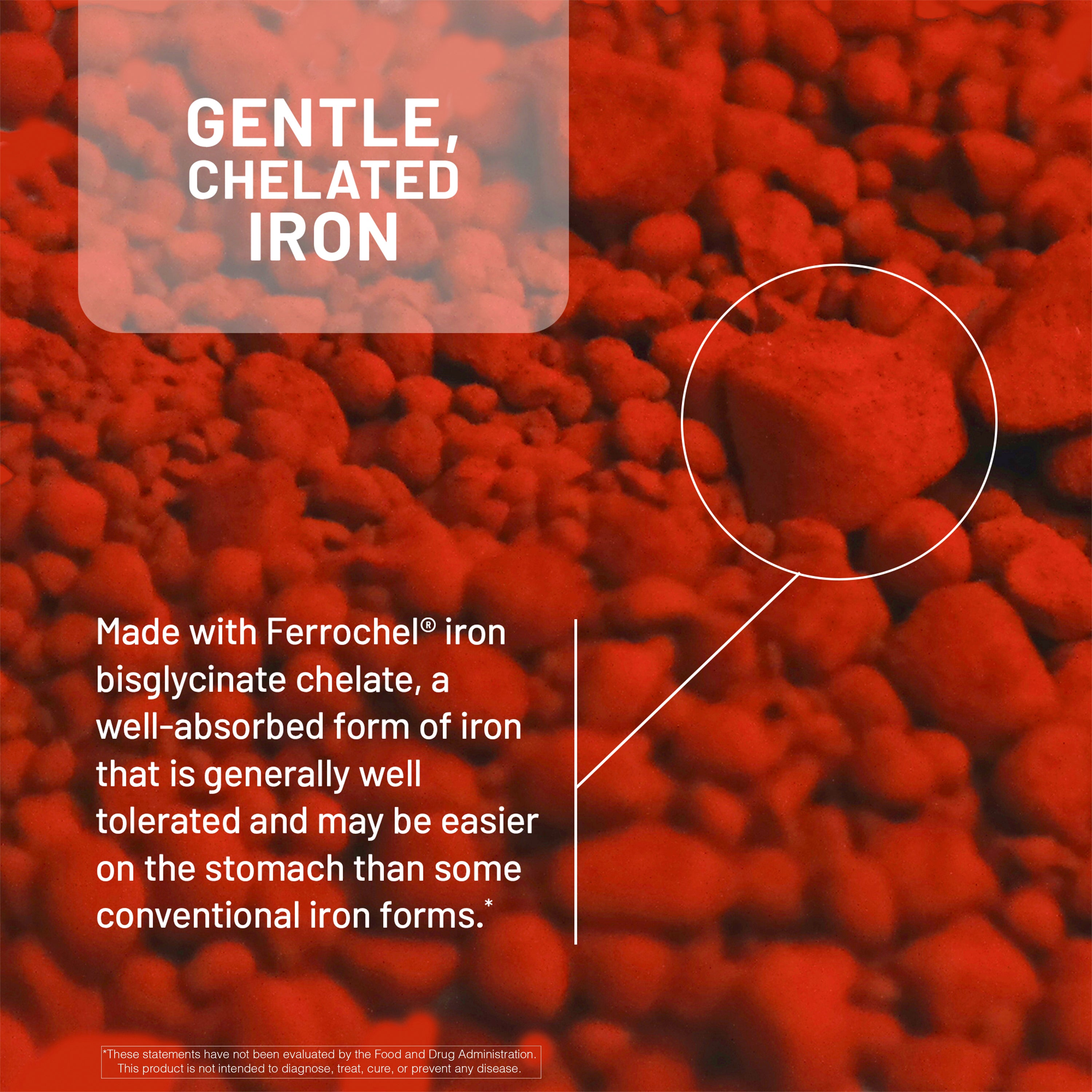 Red powder product shown in a close-up texture shot with white text overlays reading 'GENTLE, CHELATED IRON' and a callout explaining it is made with Ferrochel iron bisglycinate chelate.