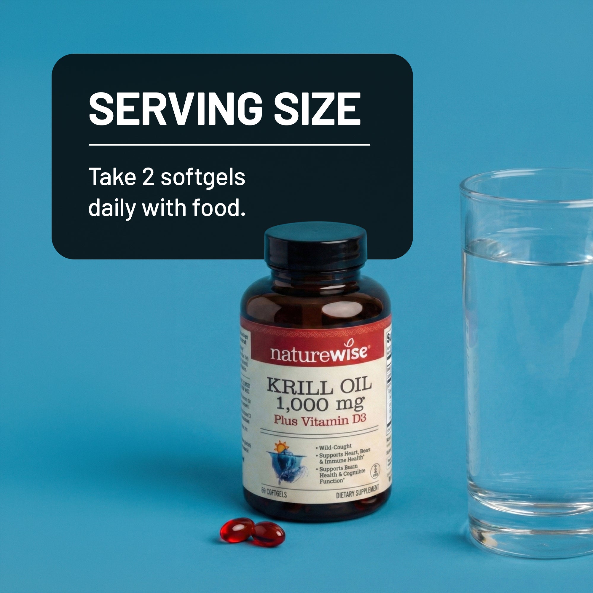 Naturewise Krill Oil supplement bottle with serving size information on a blue background