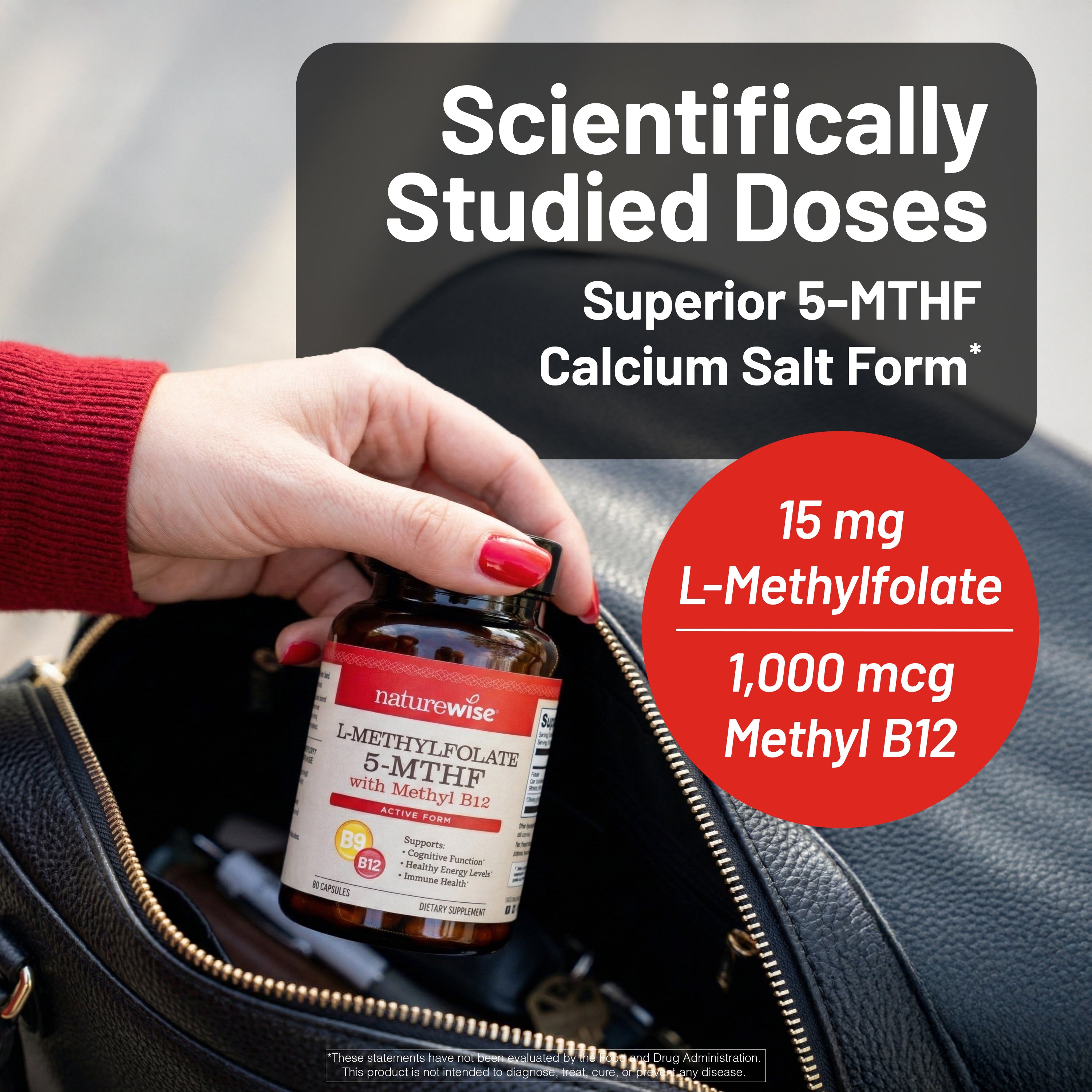 Hand holding a bottle of naturewise L-Methylfolate 5-MTHF with Methyl B12 supplement with product details on a blurred background