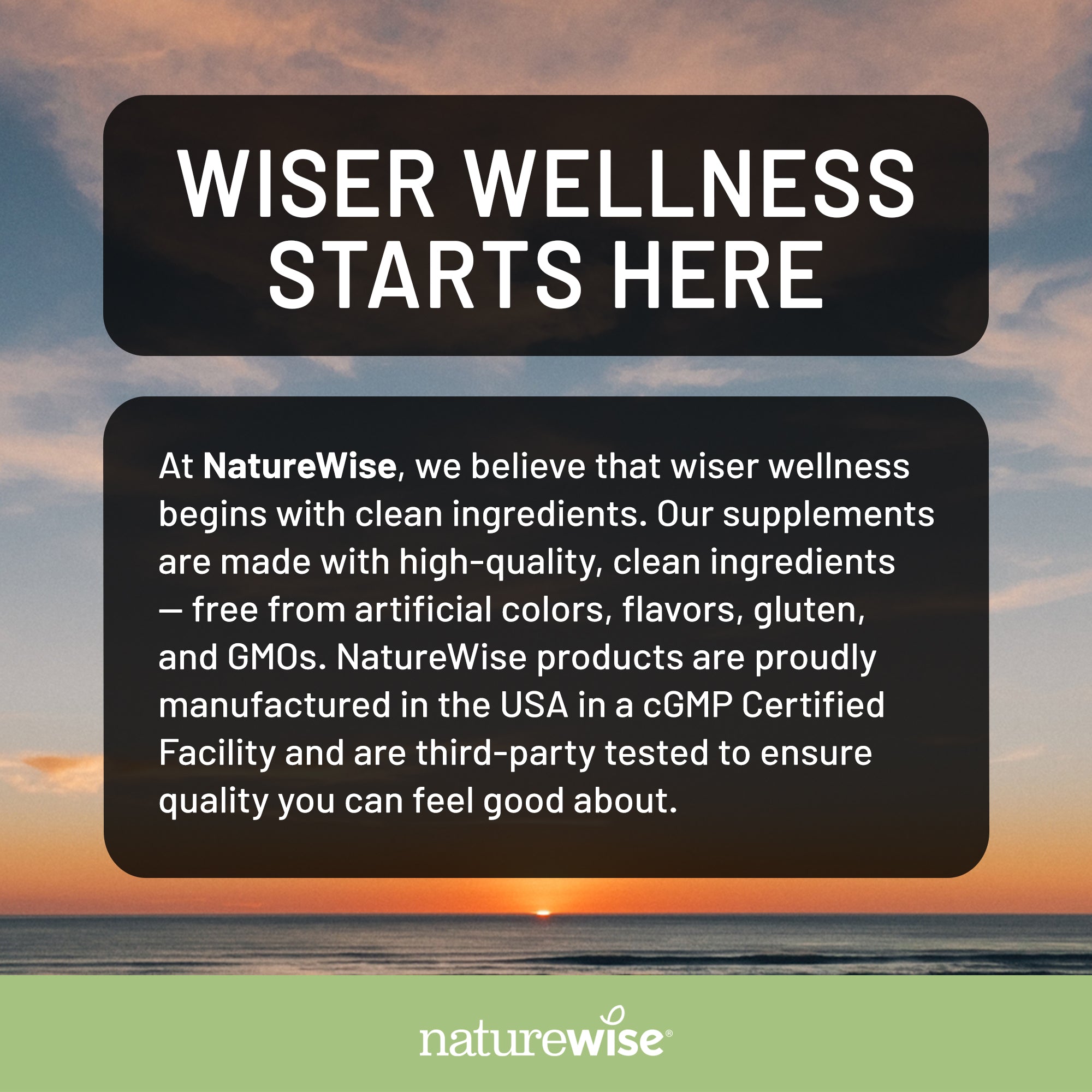 NatureWise advertisement with sunset over water and text about clean ingredients and product manufacturing.