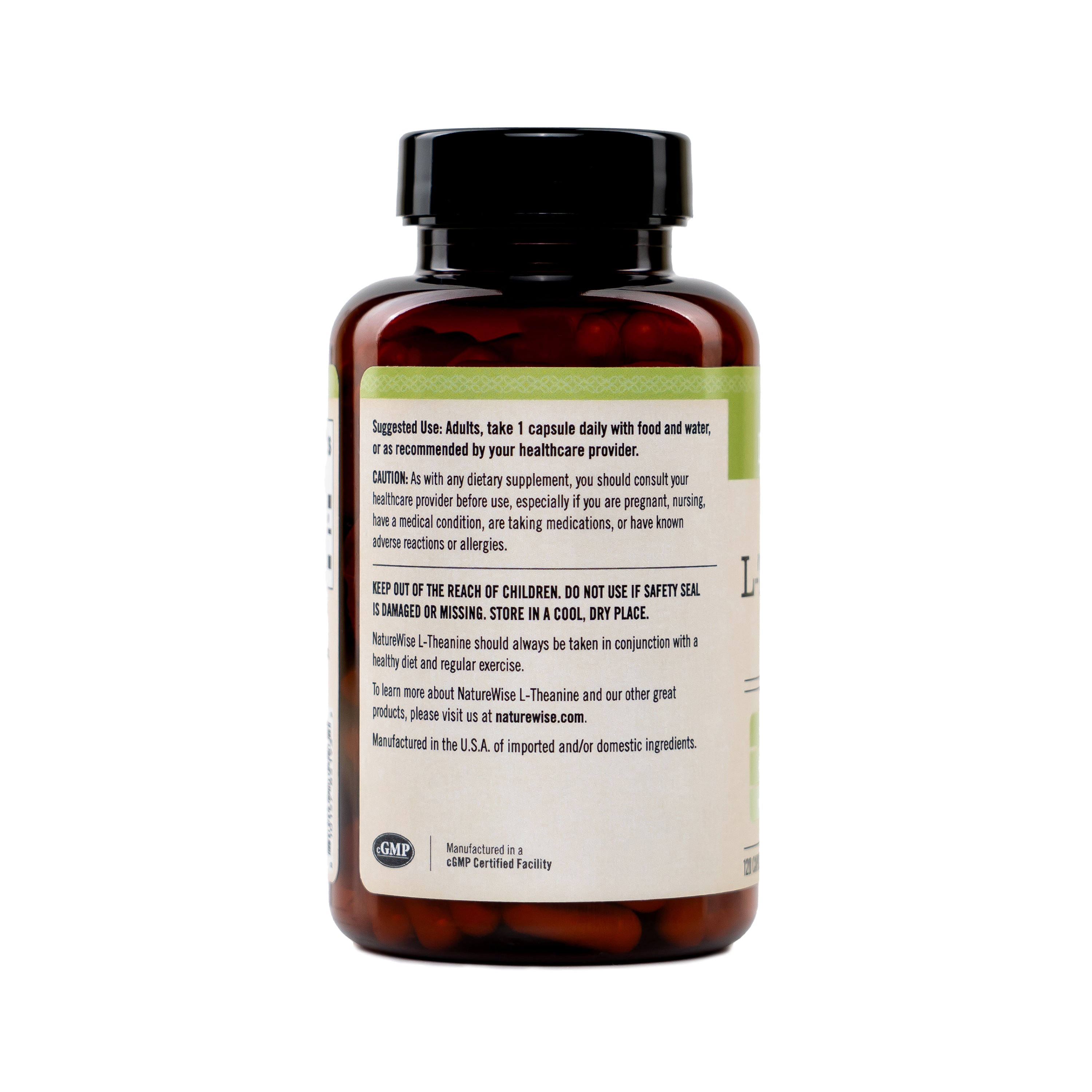 L theanine supplement bottle showing side of label with suggested use on a white background