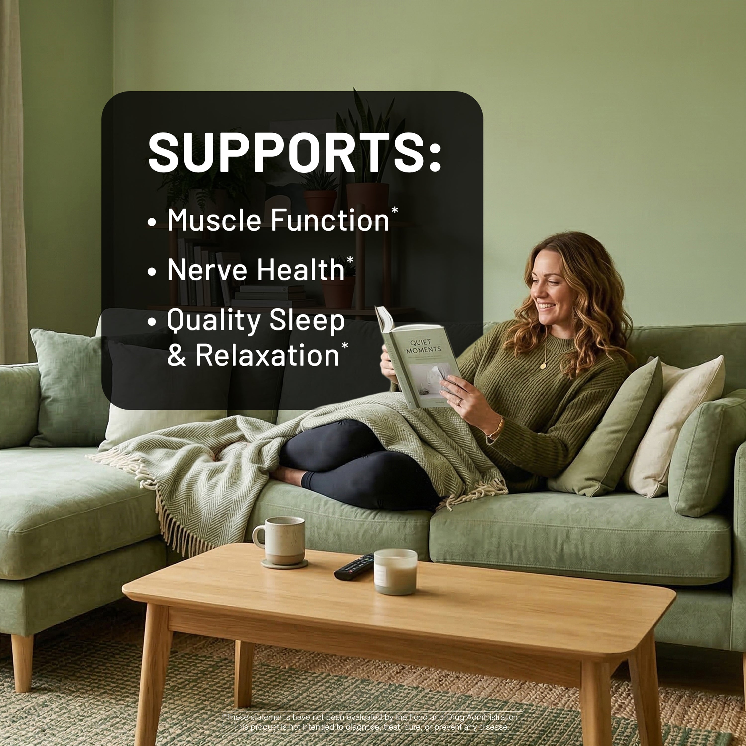 Woman reading a book on a green couch with text about l theanine supplement benefits.