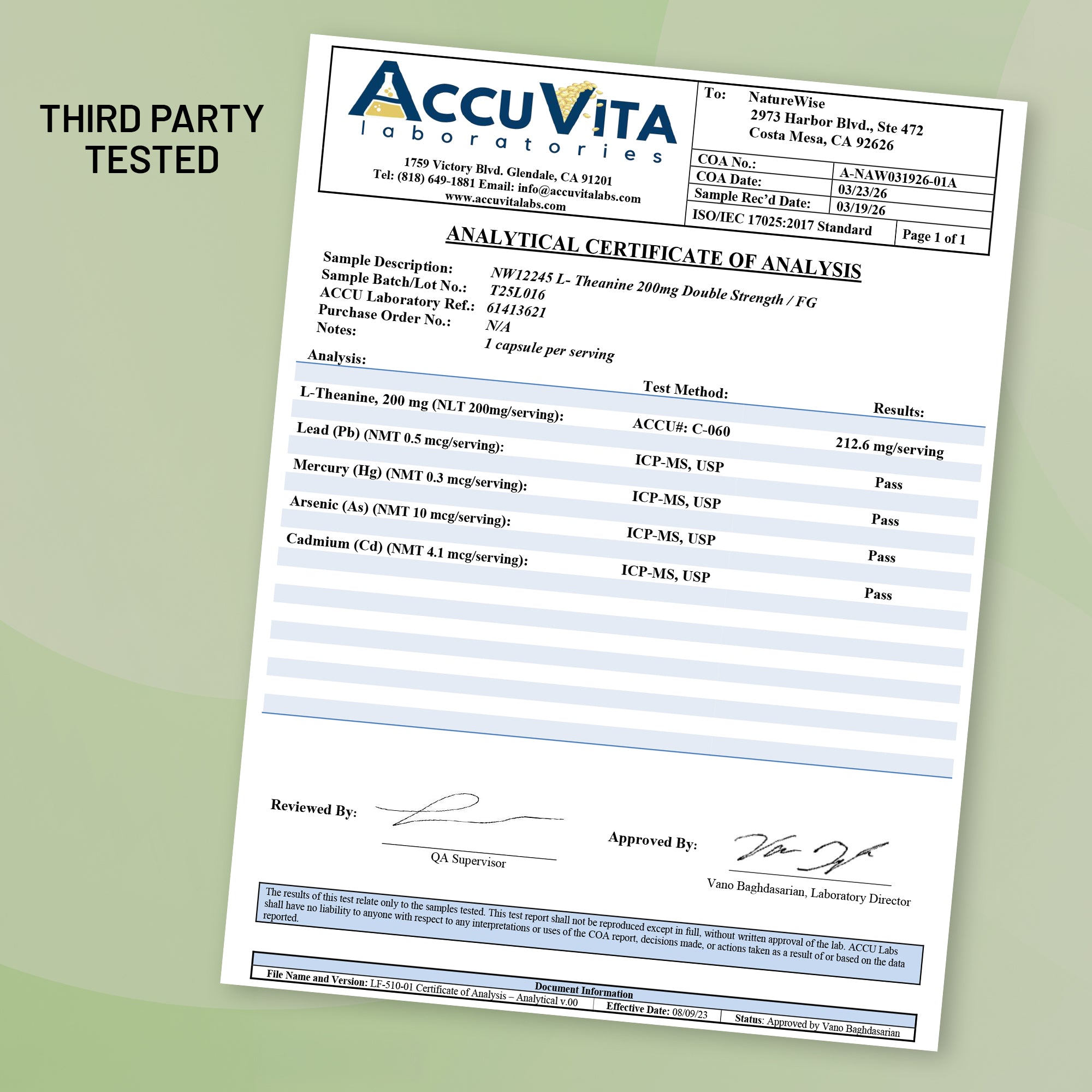 Certificate of Analysis for NatureWise L-Theanine Capsules