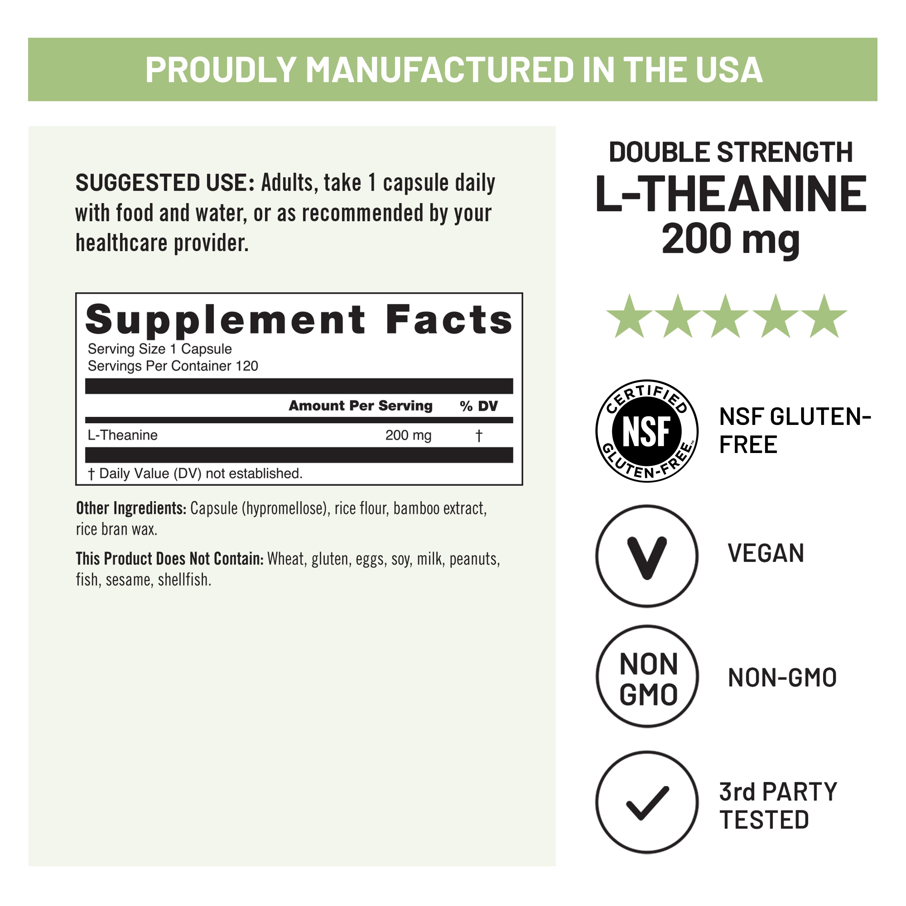 NatureWise L Theanine supplement 200mg supplement facts NSF certified