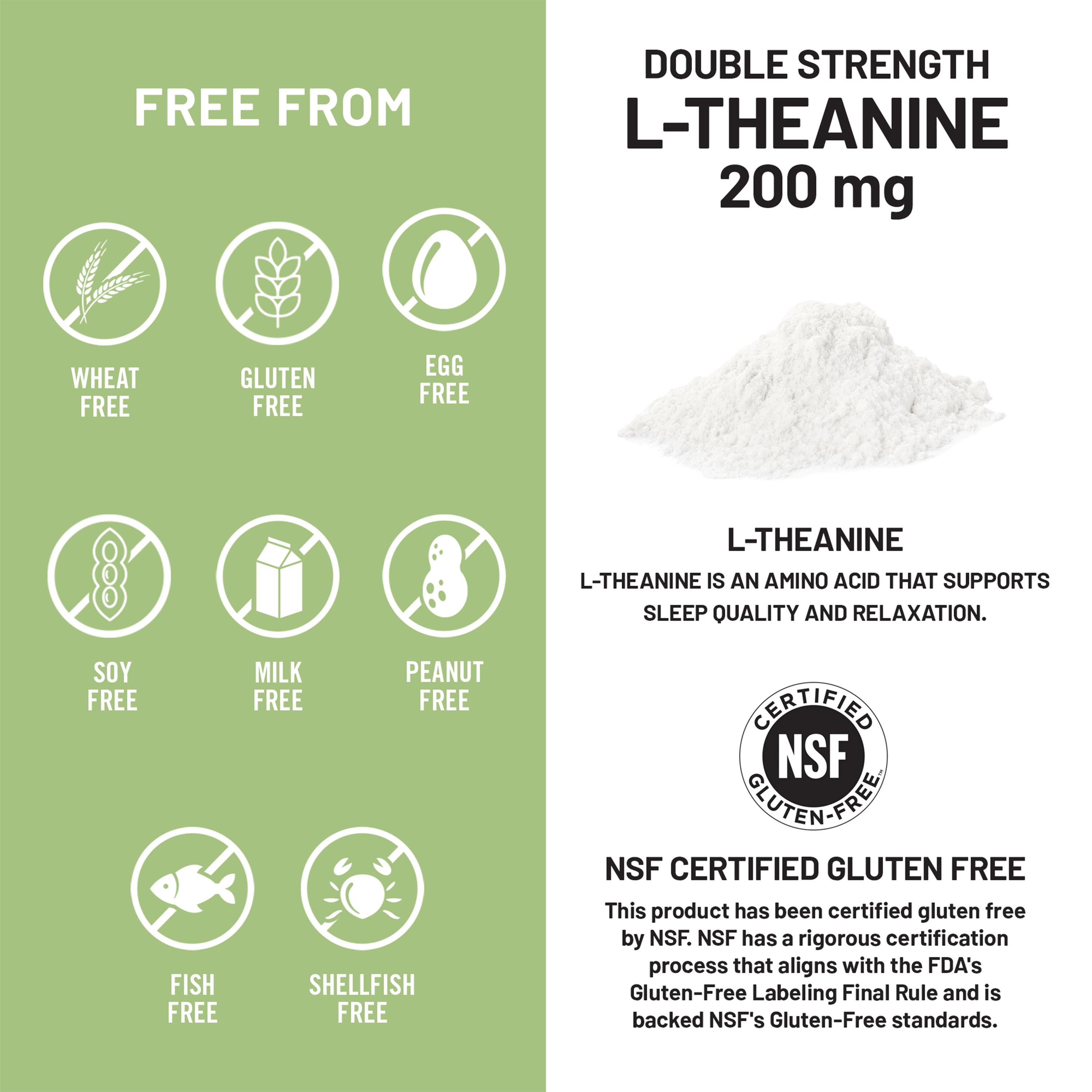 Product label for L-Theanine with free-from icons and certification details on a green and white background.