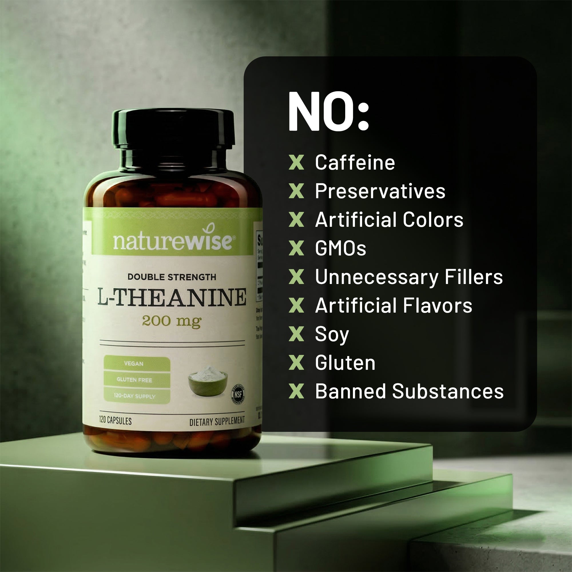 Naturewise L-Theanine supplement bottle with a list of no ingredients on a gray background