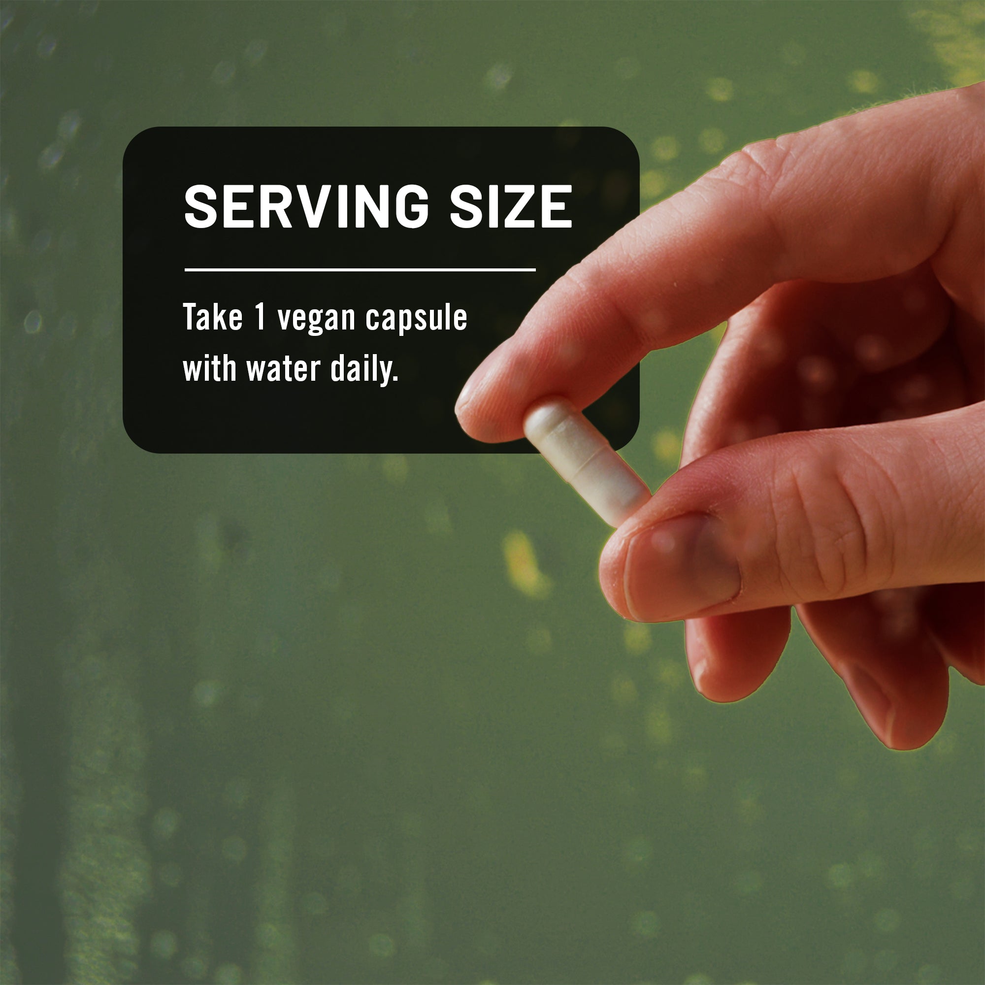 Hand holding a small l theanine capsule with text about serving size on a green background