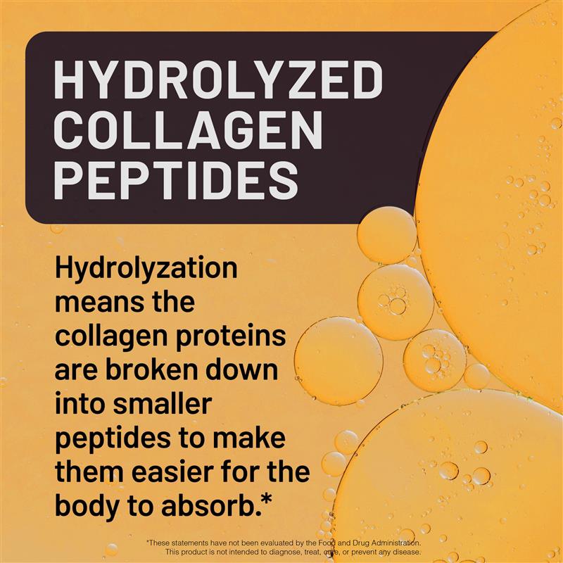 An informational graphic with the text 'HYDROLYZED COLLAGEN PEPTIDES' on a dark brown header and black text below on a yellow-orange background with abstract bubble shapes.