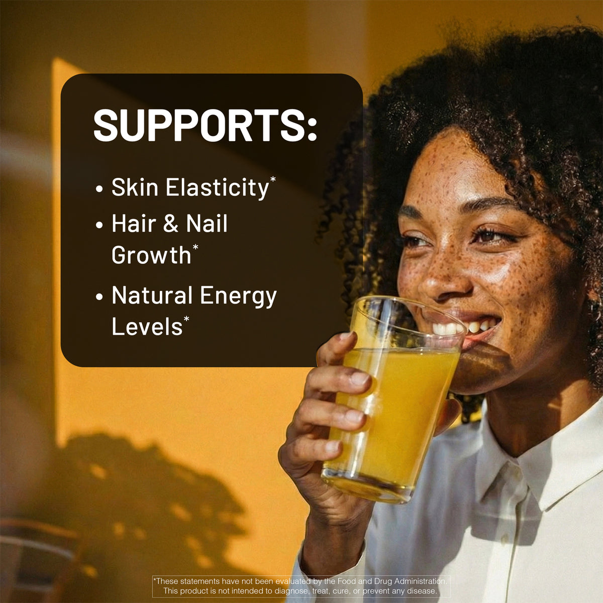 A woman holding a glass of mango liquid collagen in warm golden lighting, with a dark text panel on the left reading 'SUPPORTS:' and bullet points about skin elasticity, hair and nail growth, and natural energy levels.