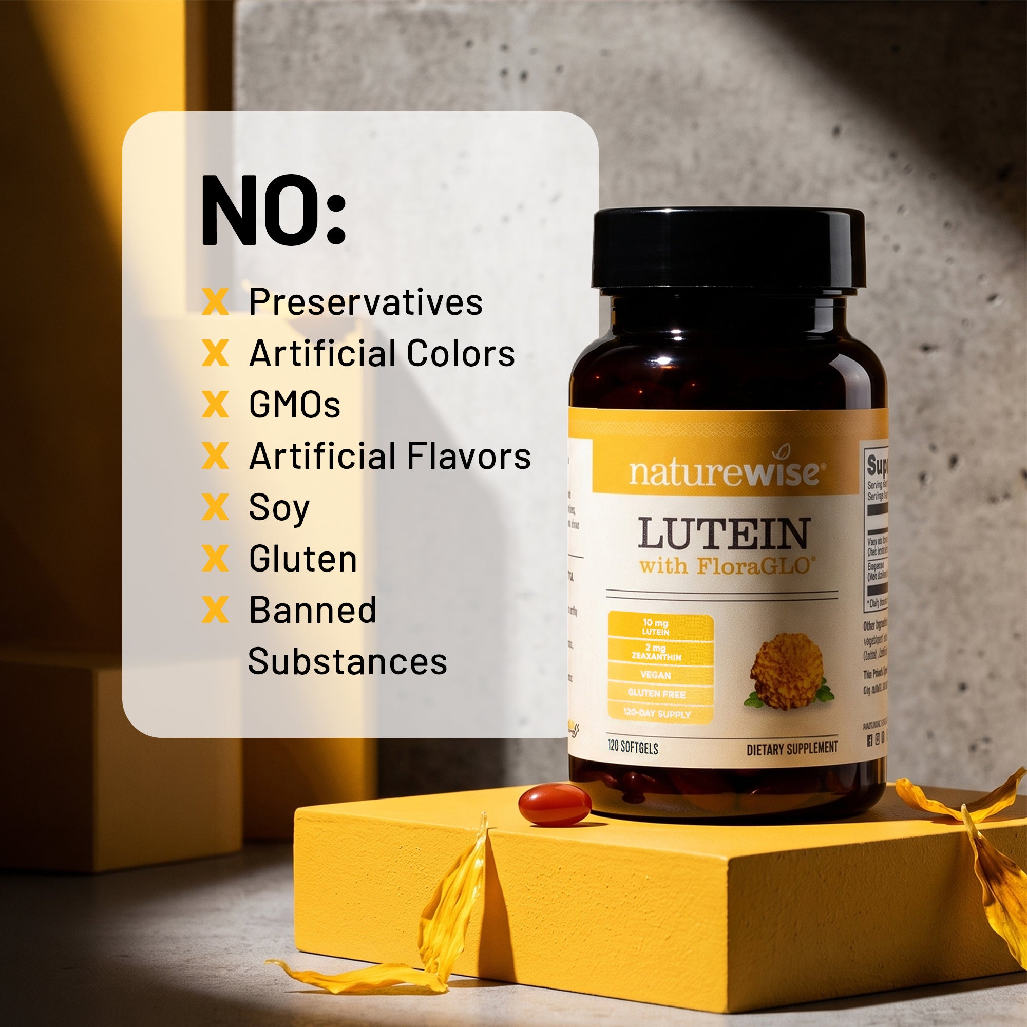 NatureWise Lutein with FloraGLO dietary supplement bottle displayed on a yellow pedestal with a text overlay listing product benefits, set against a textured gray background.